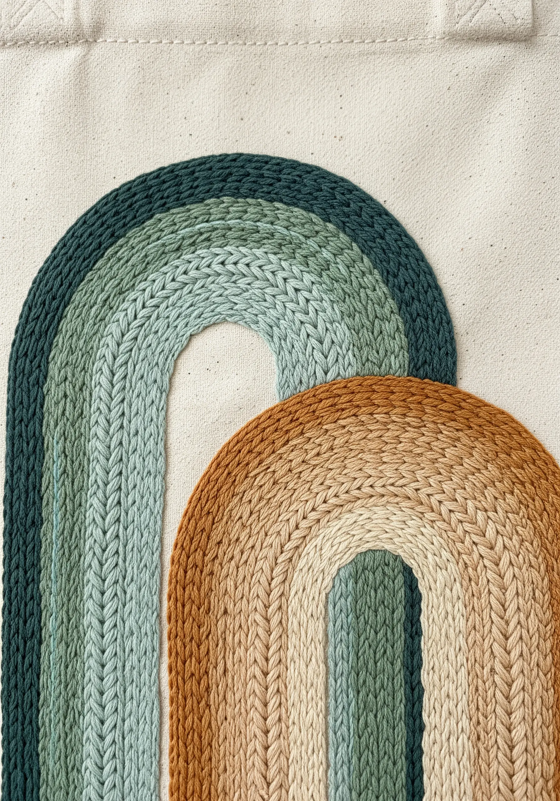Close-up of two rainbows stitched in thick, textured chain stitch gradients.