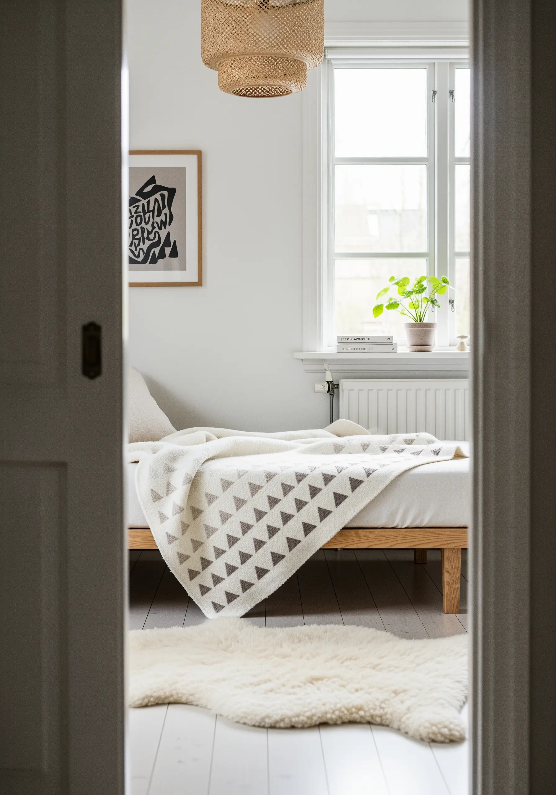 A repeating pattern of satin-stitched triangles along the border of a throw blanket.