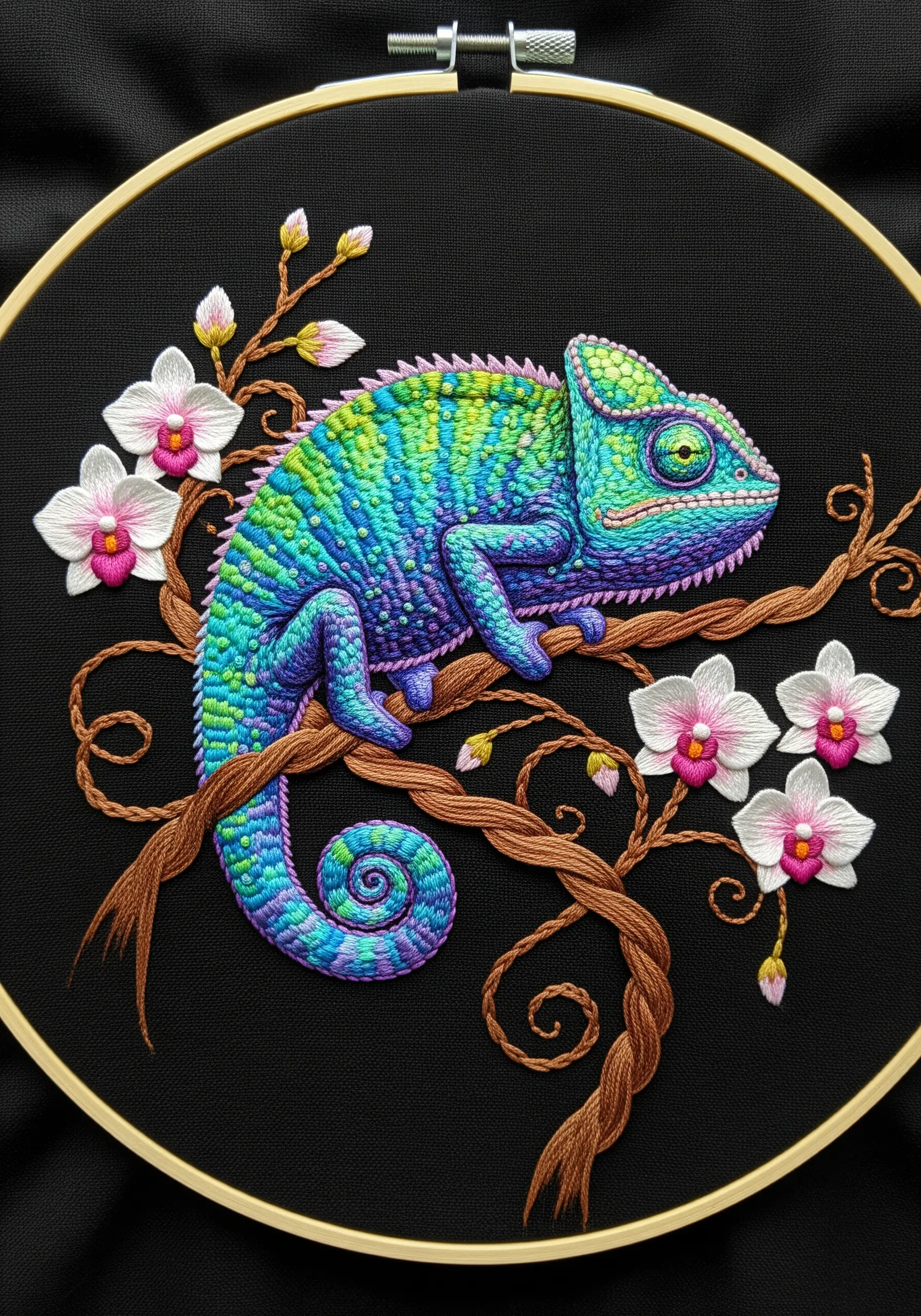 A hyperrealistic chameleon with vibrant blue and green thread-painted scales on a black background.