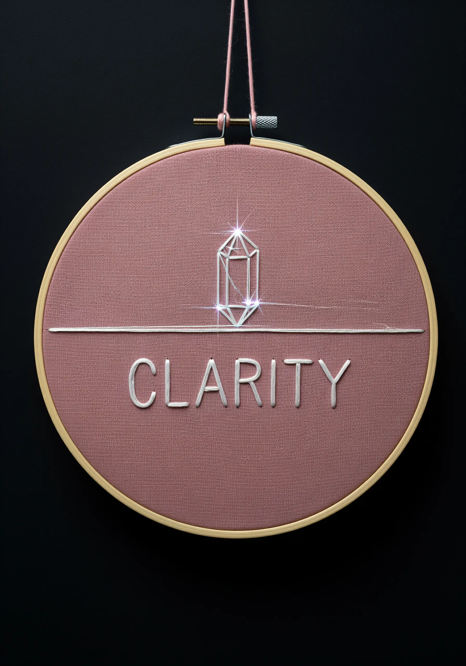 The word 'clarity' below a shimmering, faceted crystal embroidered in metallic thread