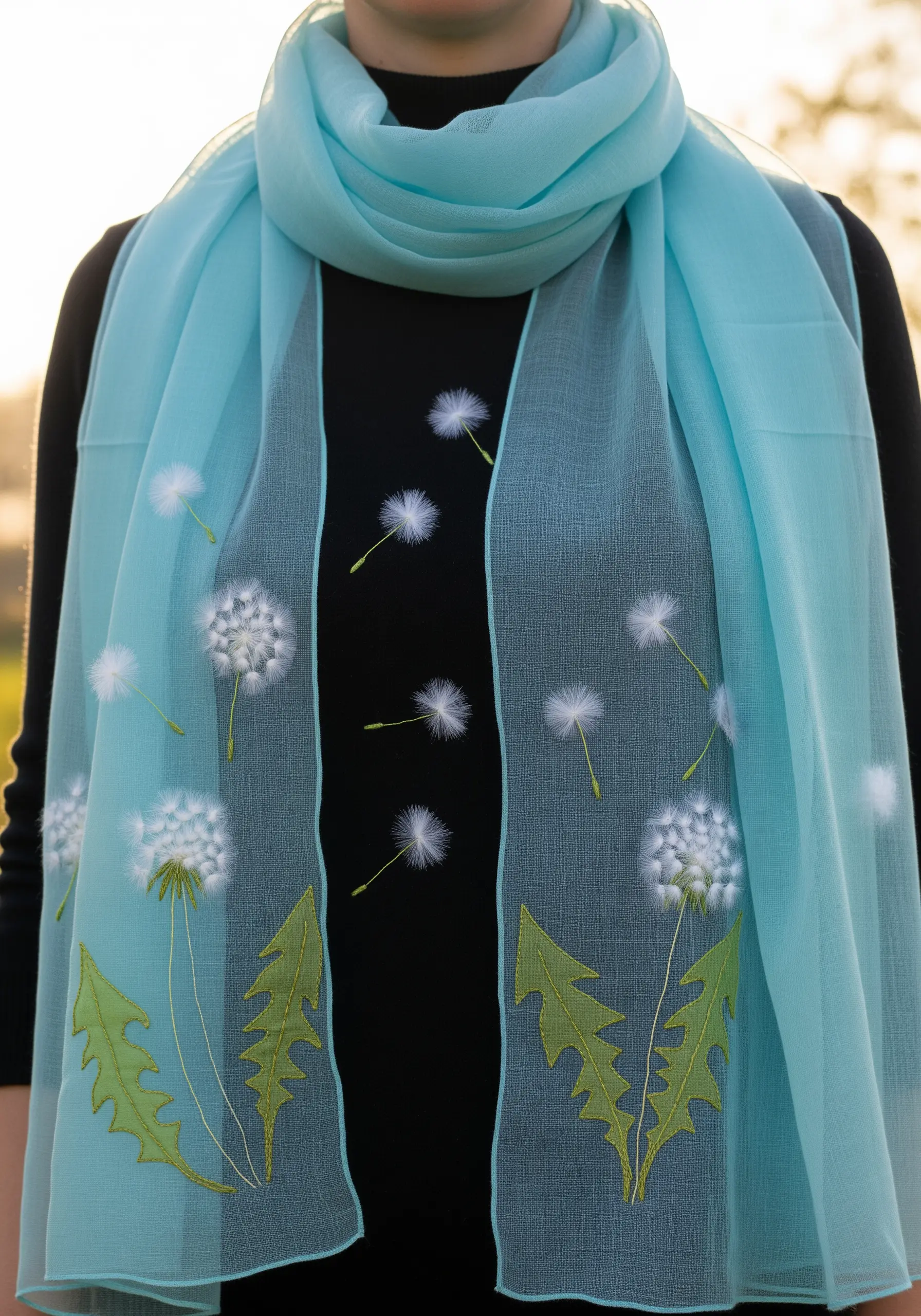 Dandelion clocks and floating seeds embroidered on a sheer, light blue scarf.