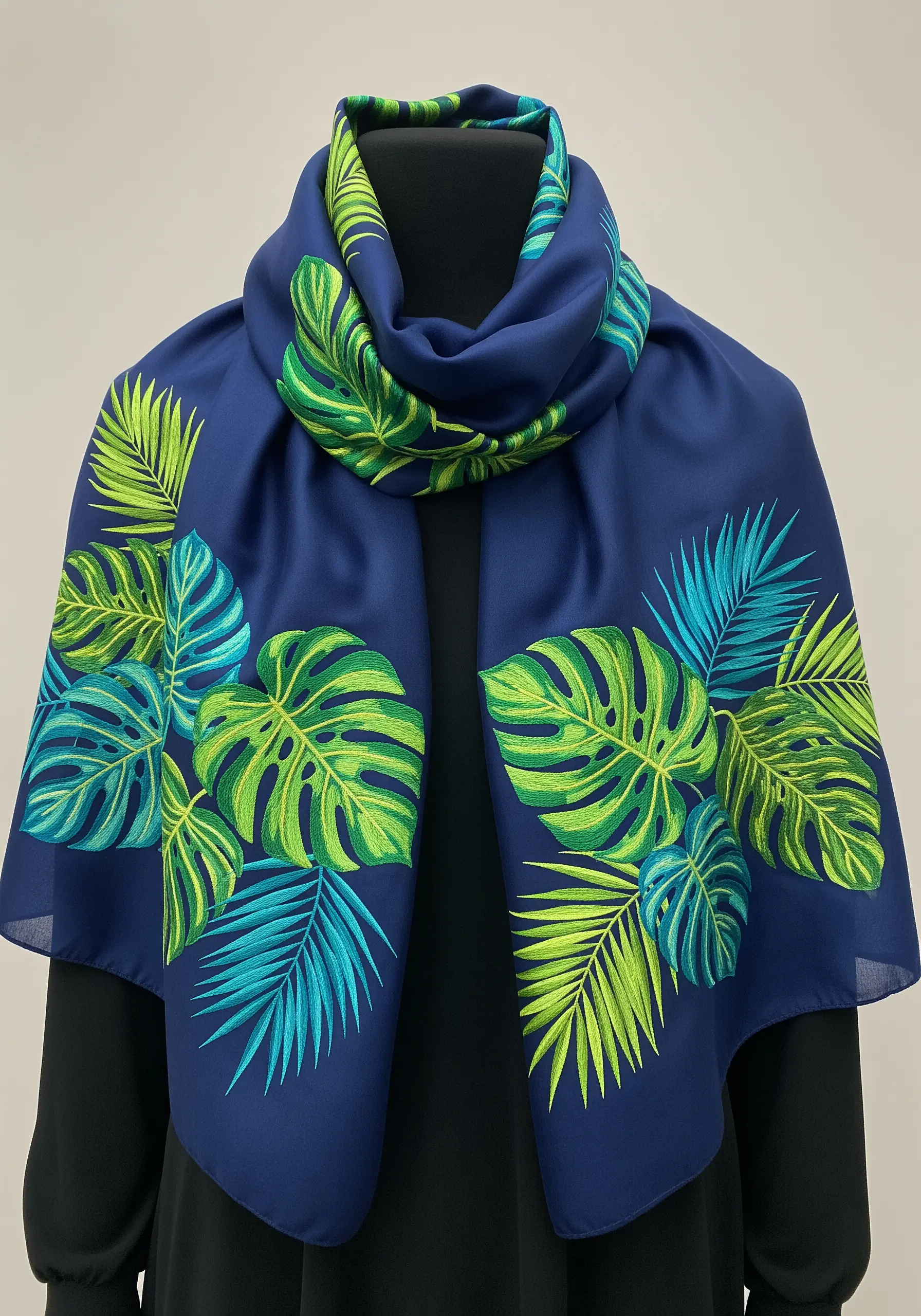 Vibrant, color-blocked monstera and palm leaf embroidery on a dark blue scarf.