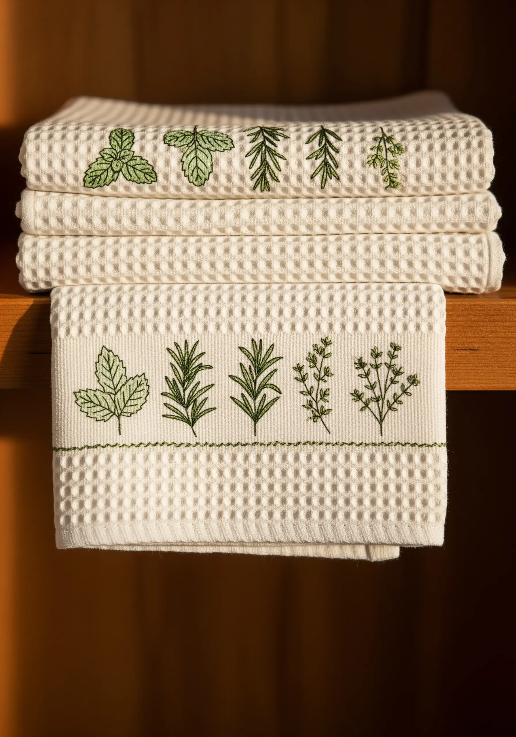 Simple green herb outlines embroidered on a white waffle-weave kitchen towel