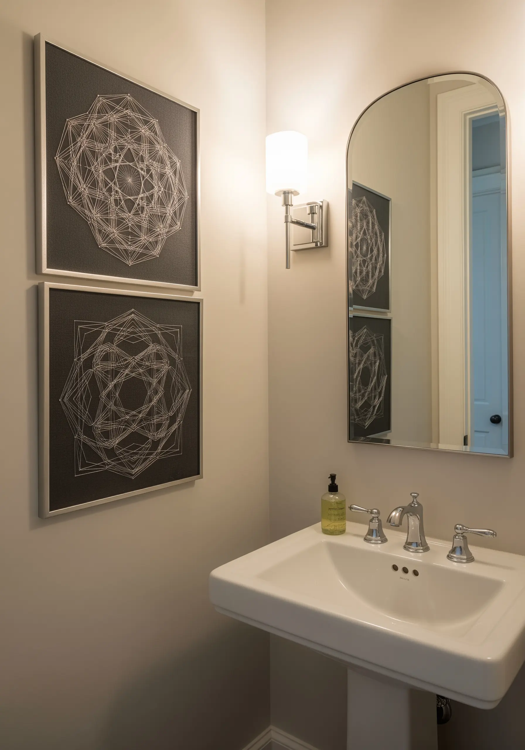 Two framed geometric string art designs with white thread on a black background.