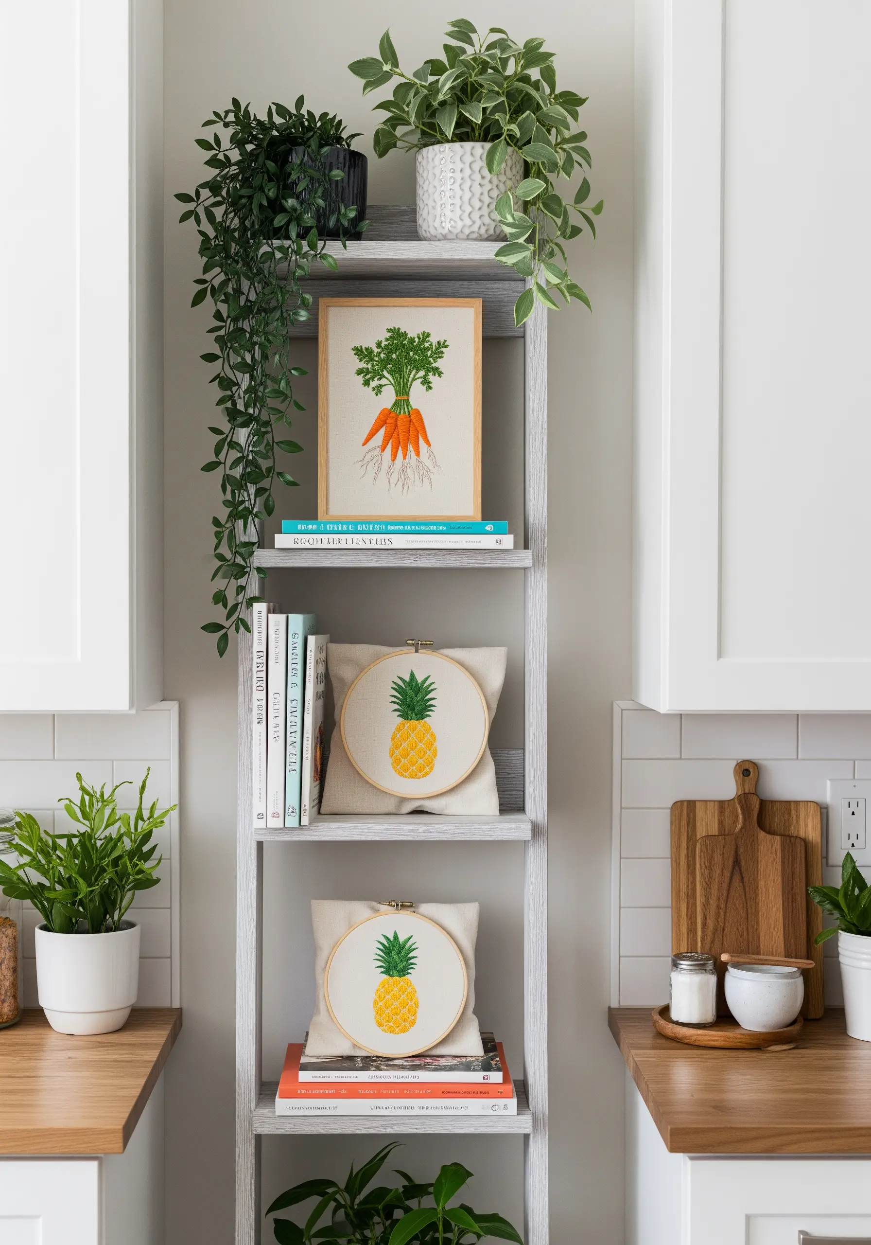 A ladder shelf in a kitchen displaying a framed carrot embroidery and two pineapple pillows.