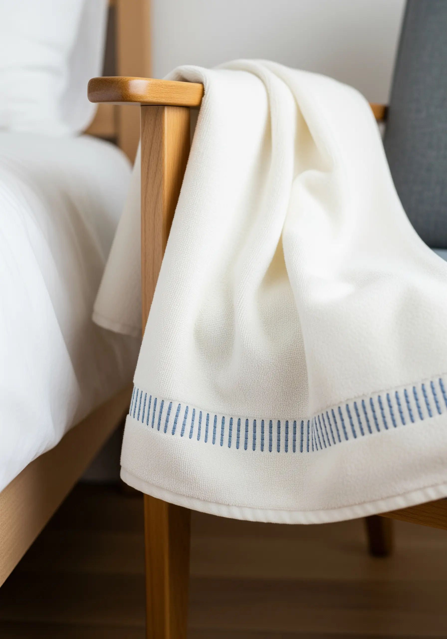 A simple border of vertical blue stitches embroidered along the edge of a white bath towel.