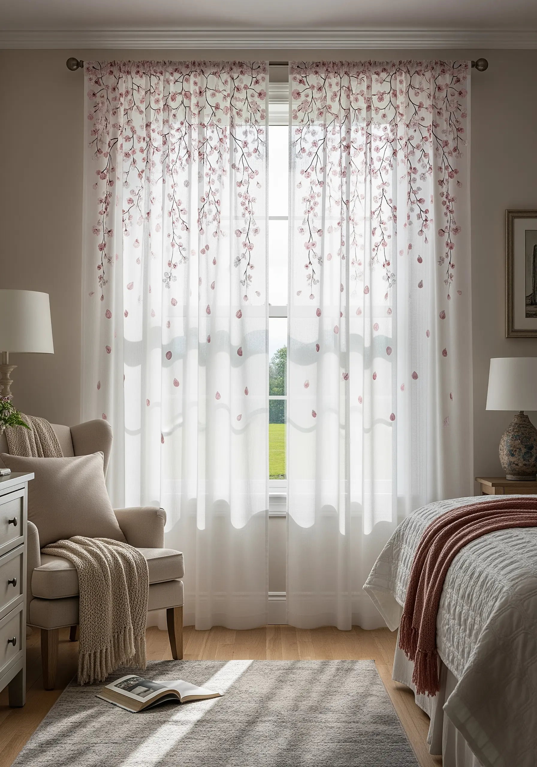Delicate pink cherry blossom embroidery on sheer white bedroom curtains.