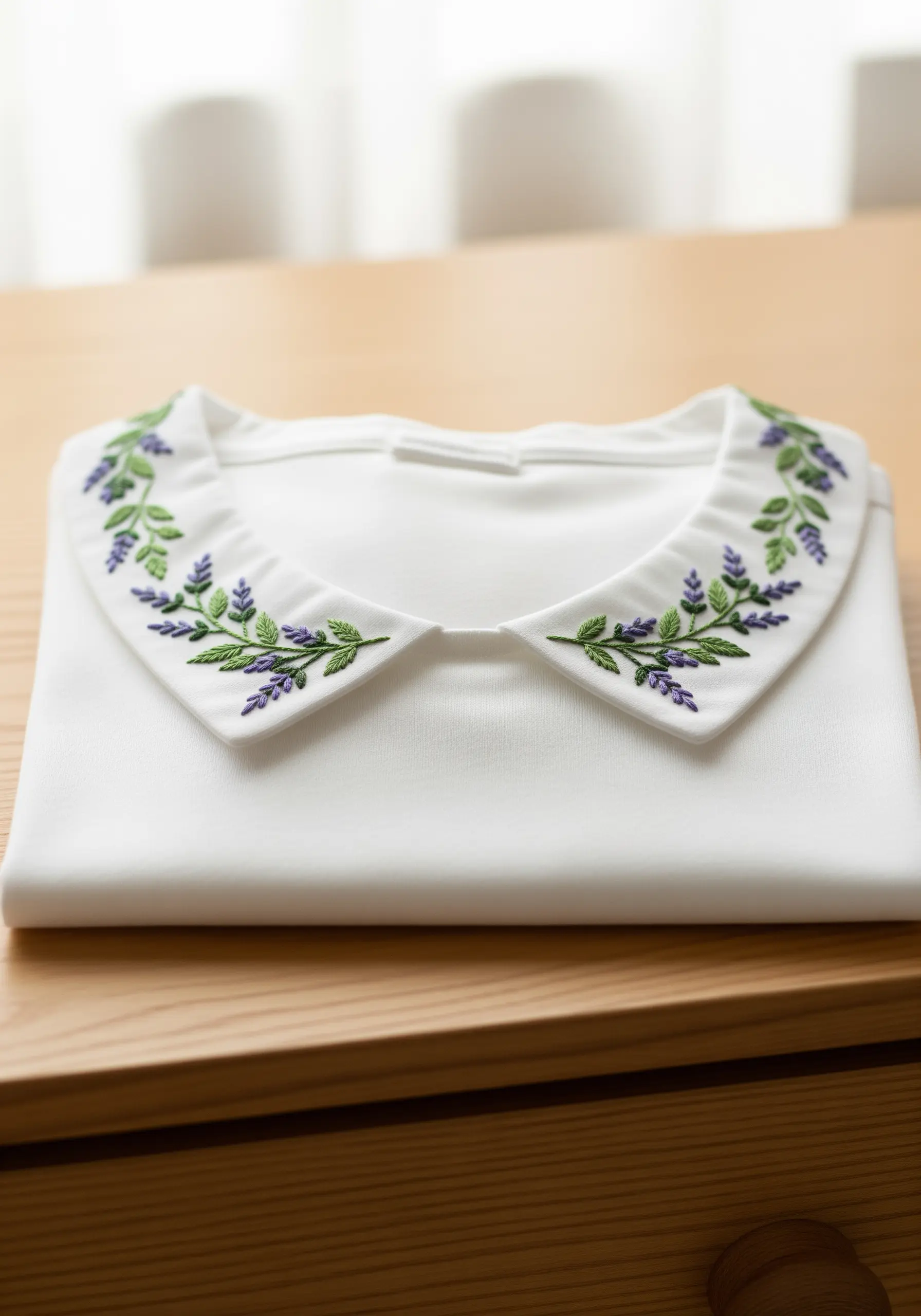 A white shirt collar elegantly embroidered with green leaves and sprigs of lavender.