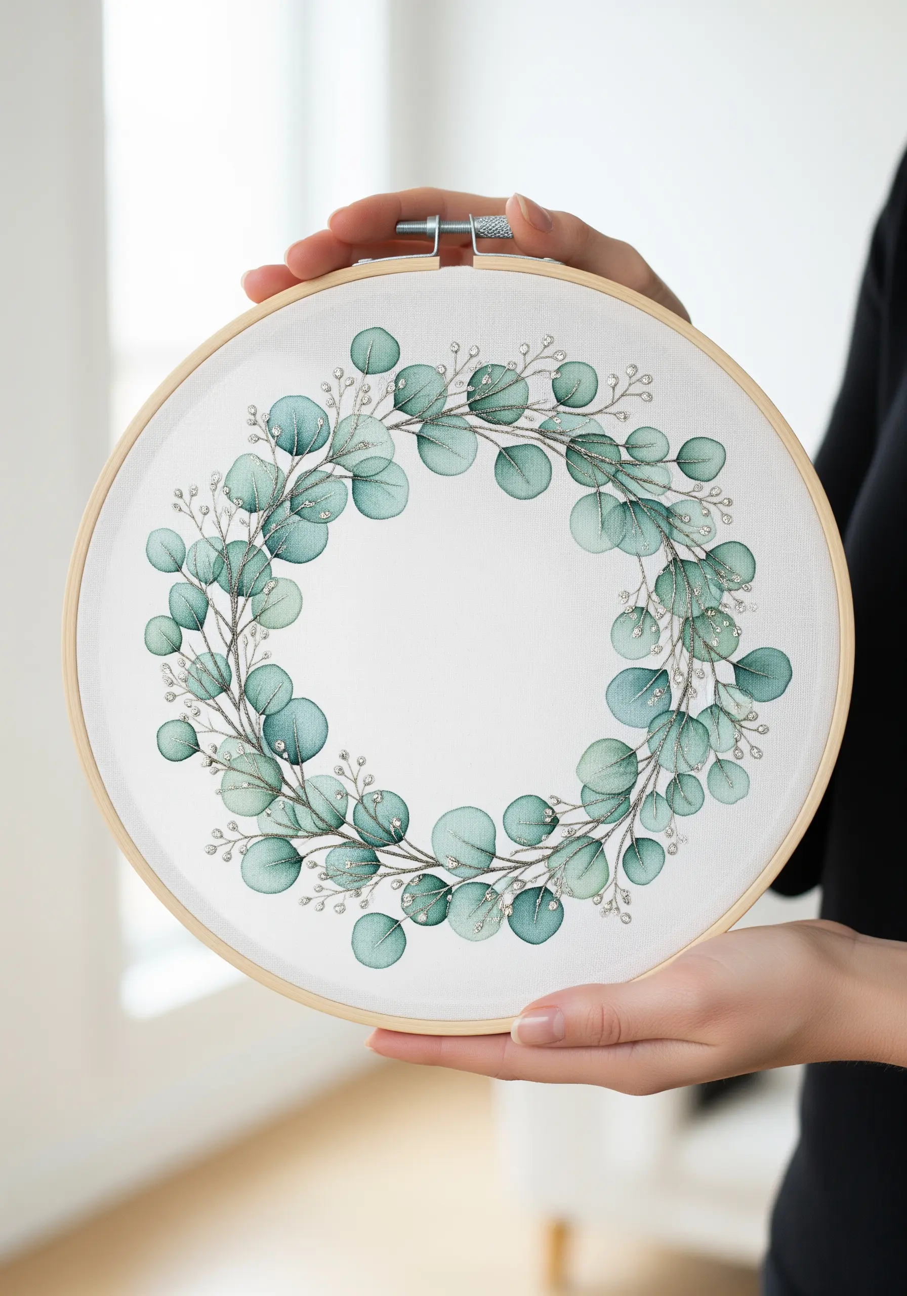 A delicate eucalyptus wreath with a subtle watercolor effect and silvery highlights on white fabric.