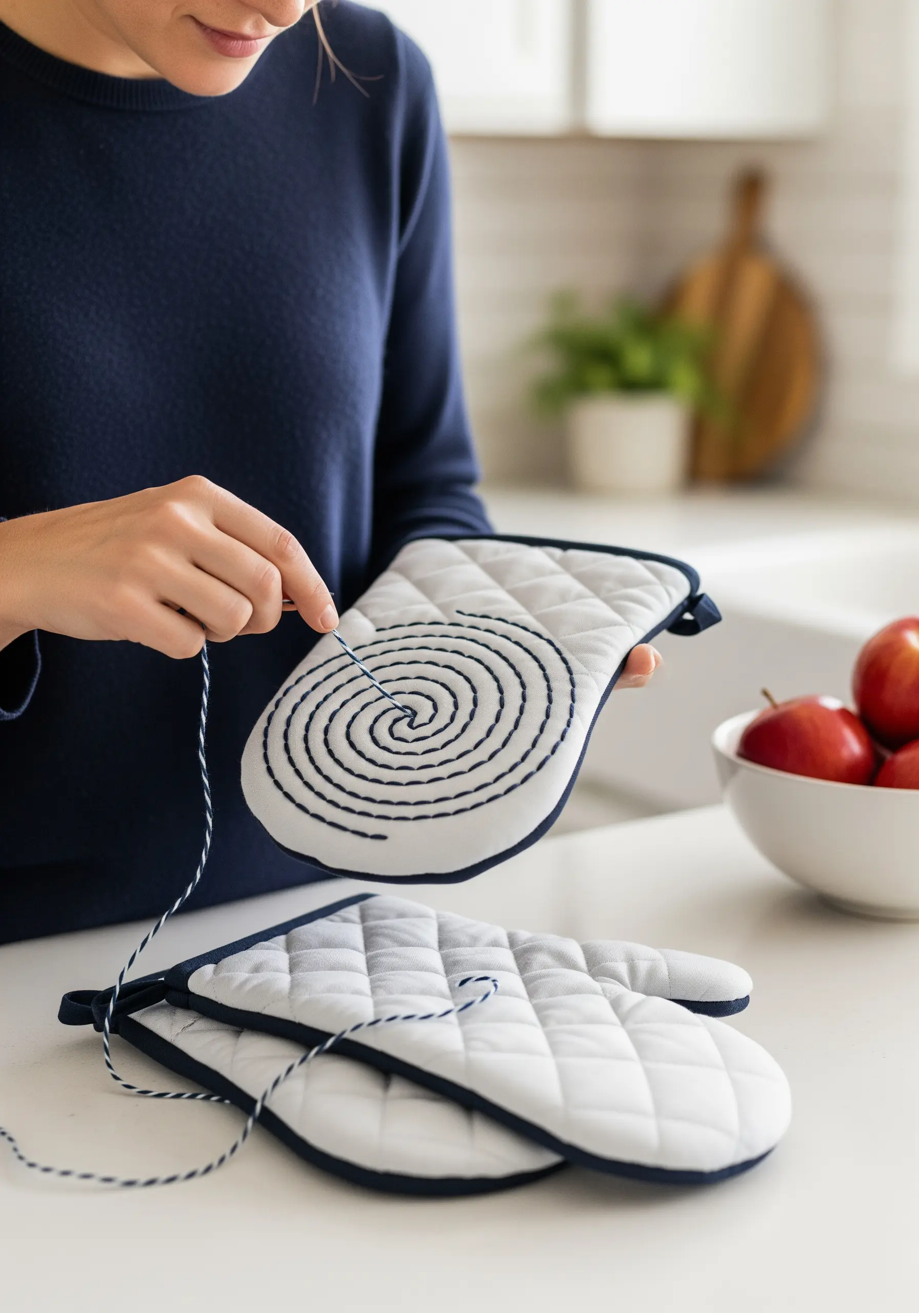 A person stitching a dark blue spiral onto a white quilted oven mitt