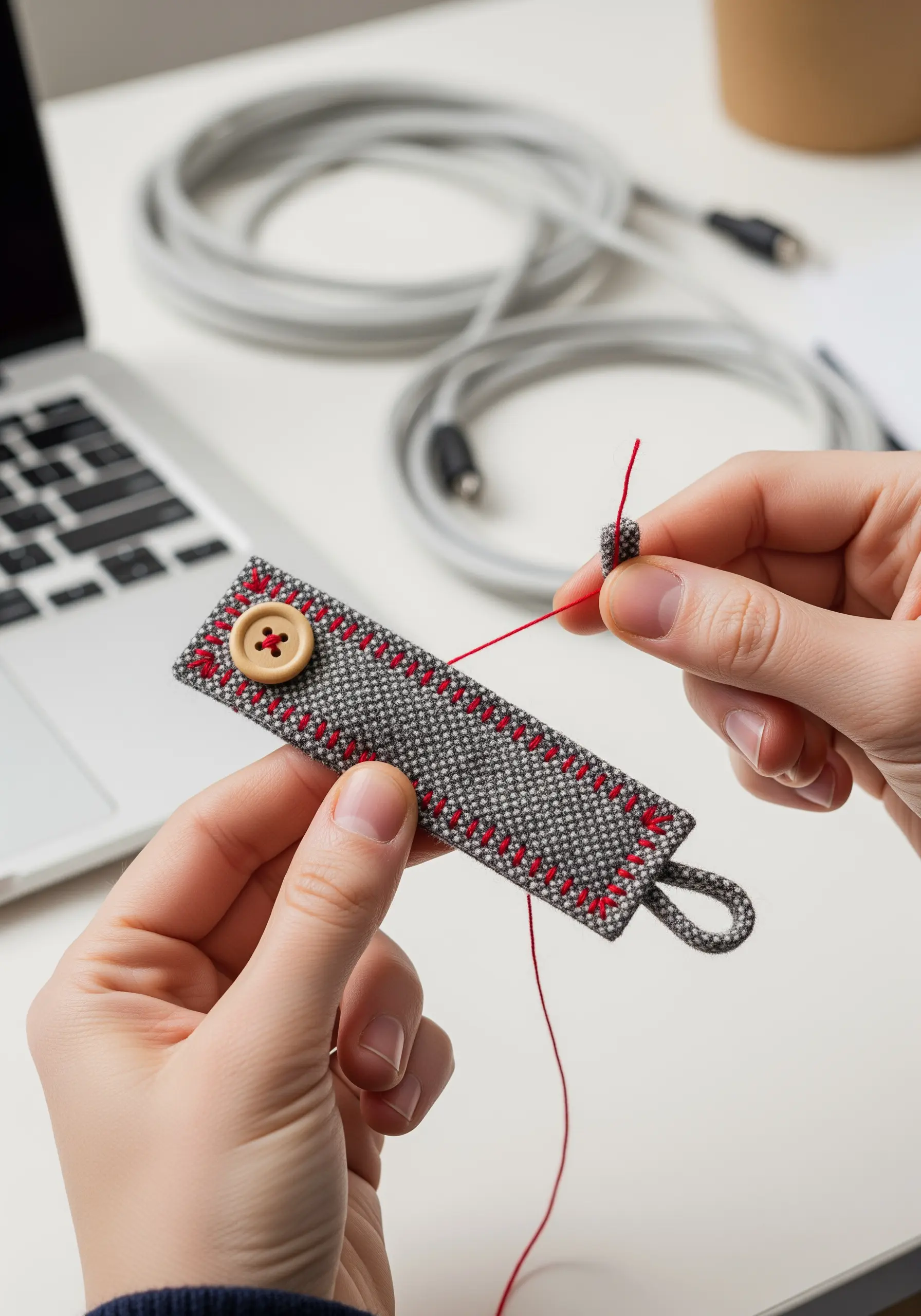 Hands stitching a red blanket stitch border on a grey fabric cable tie with a wooden button.