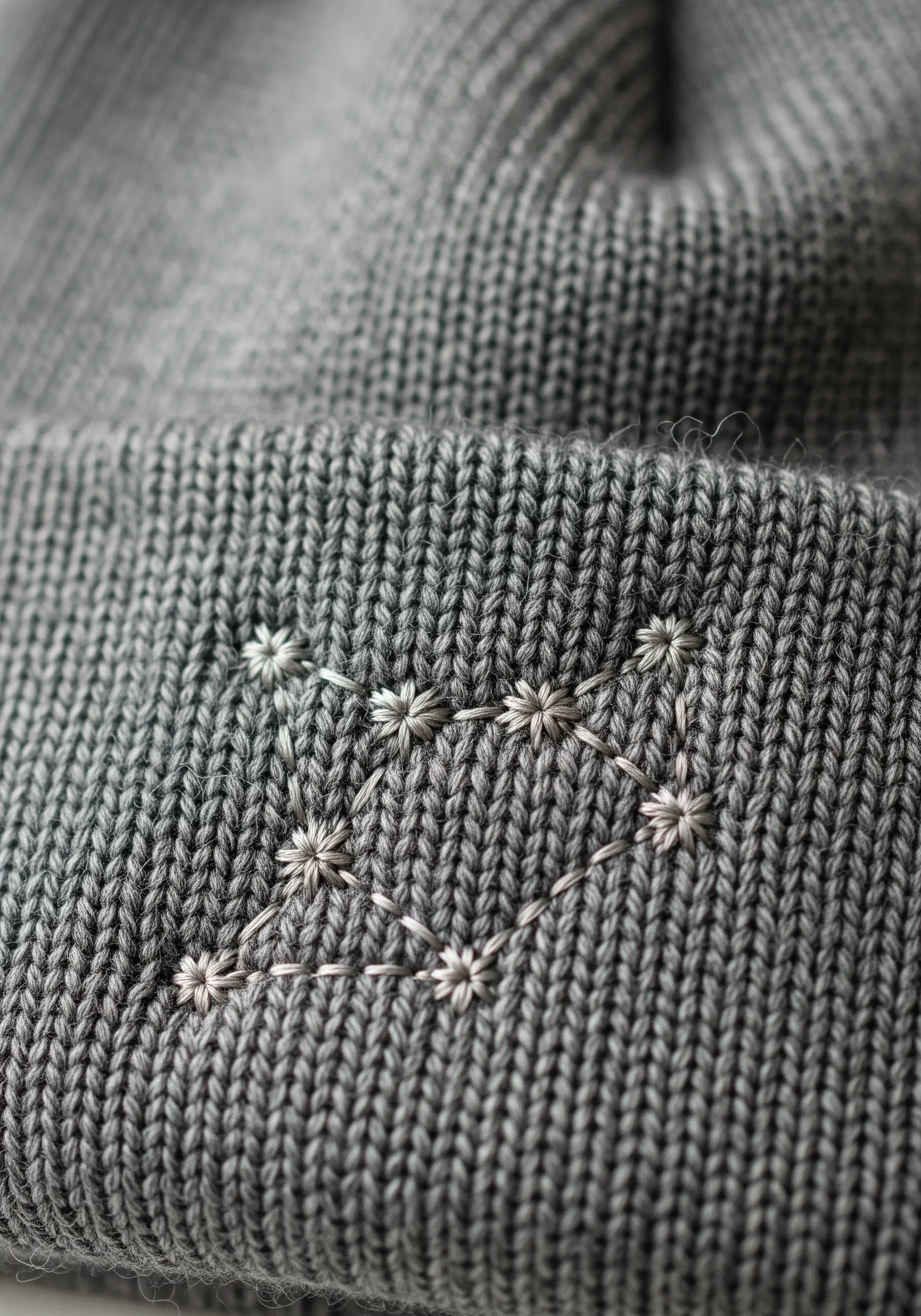 A zodiac constellation embroidered in silver thread on the cuff of a gray knit beanie.