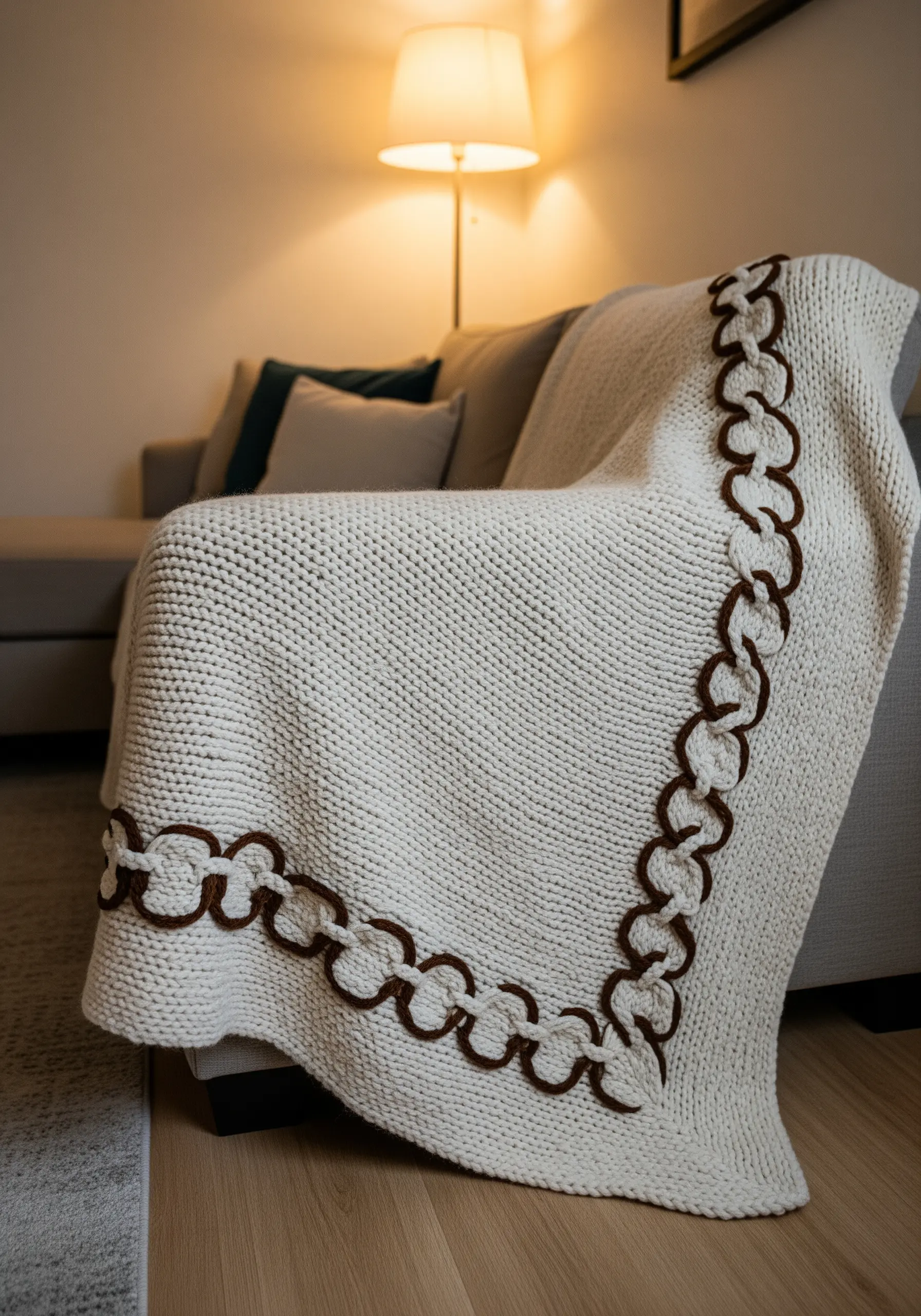 A chunky off-white knitted blanket draped over a sofa, featuring a bold brown crocheted chain border.