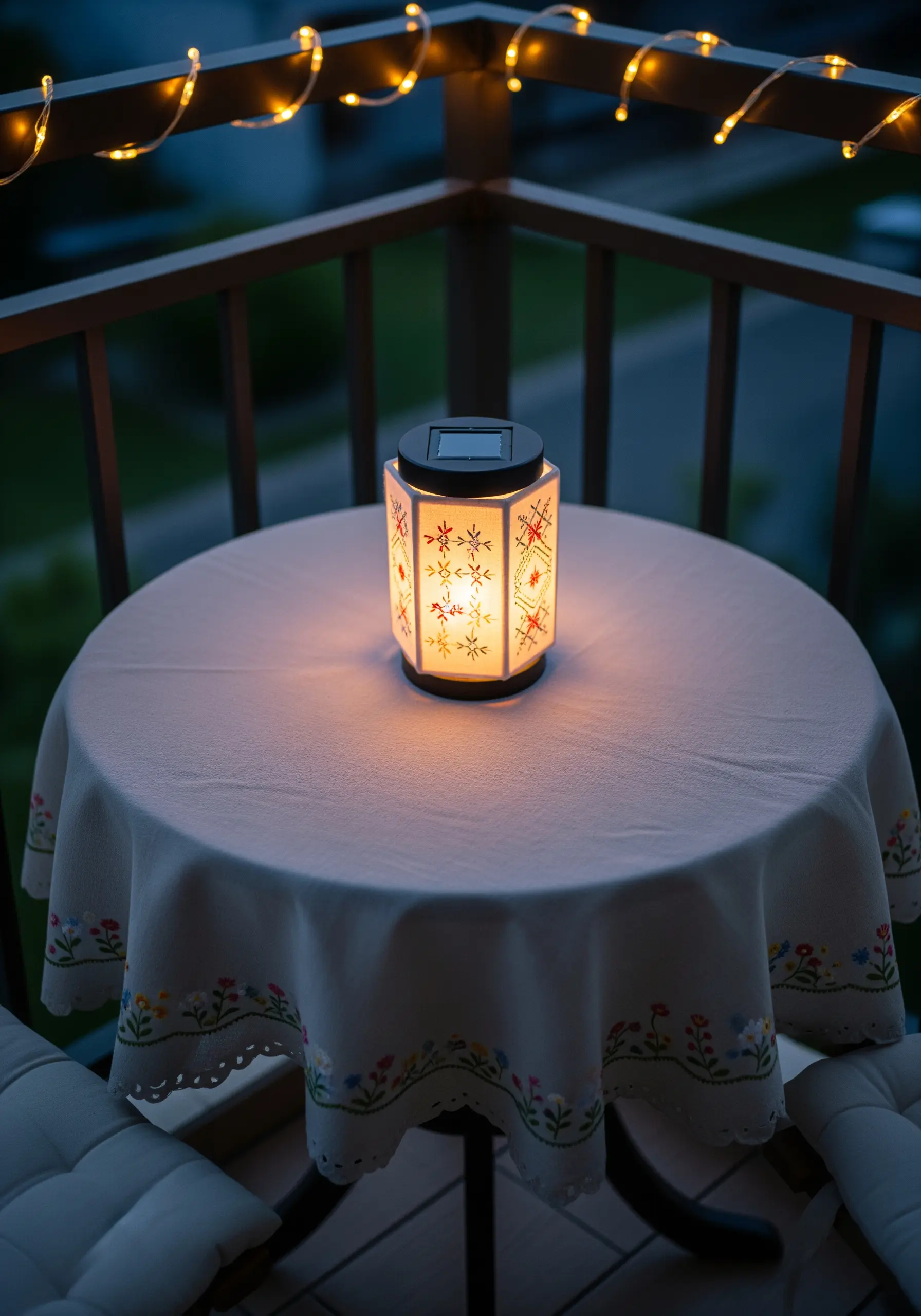 An embroidered tablecloth with a floral border and a matching solar-powered lantern.