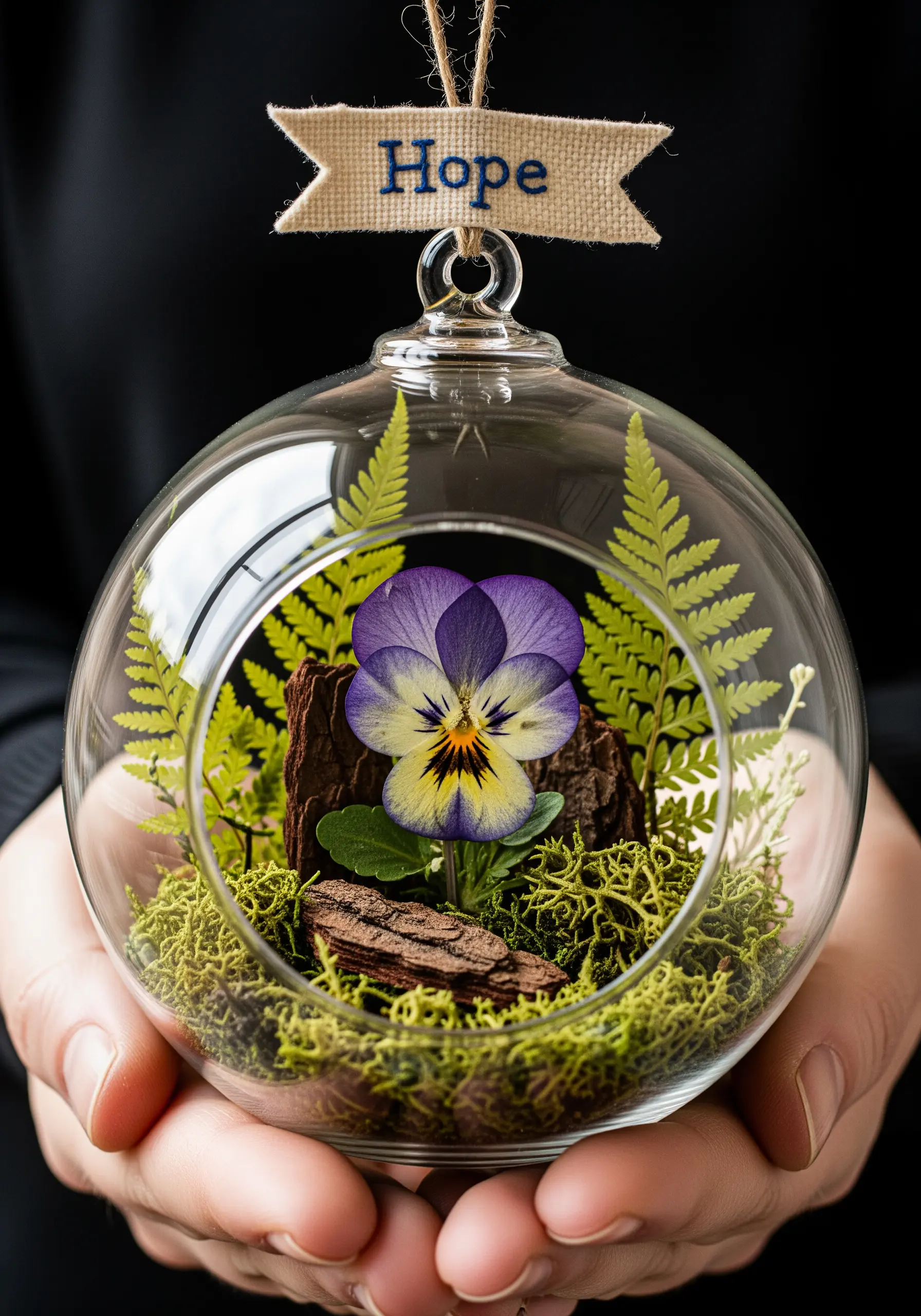 A glass terrarium ornament containing a pressed pansy, moss, and a tiny embroidered 'Hope' banner.