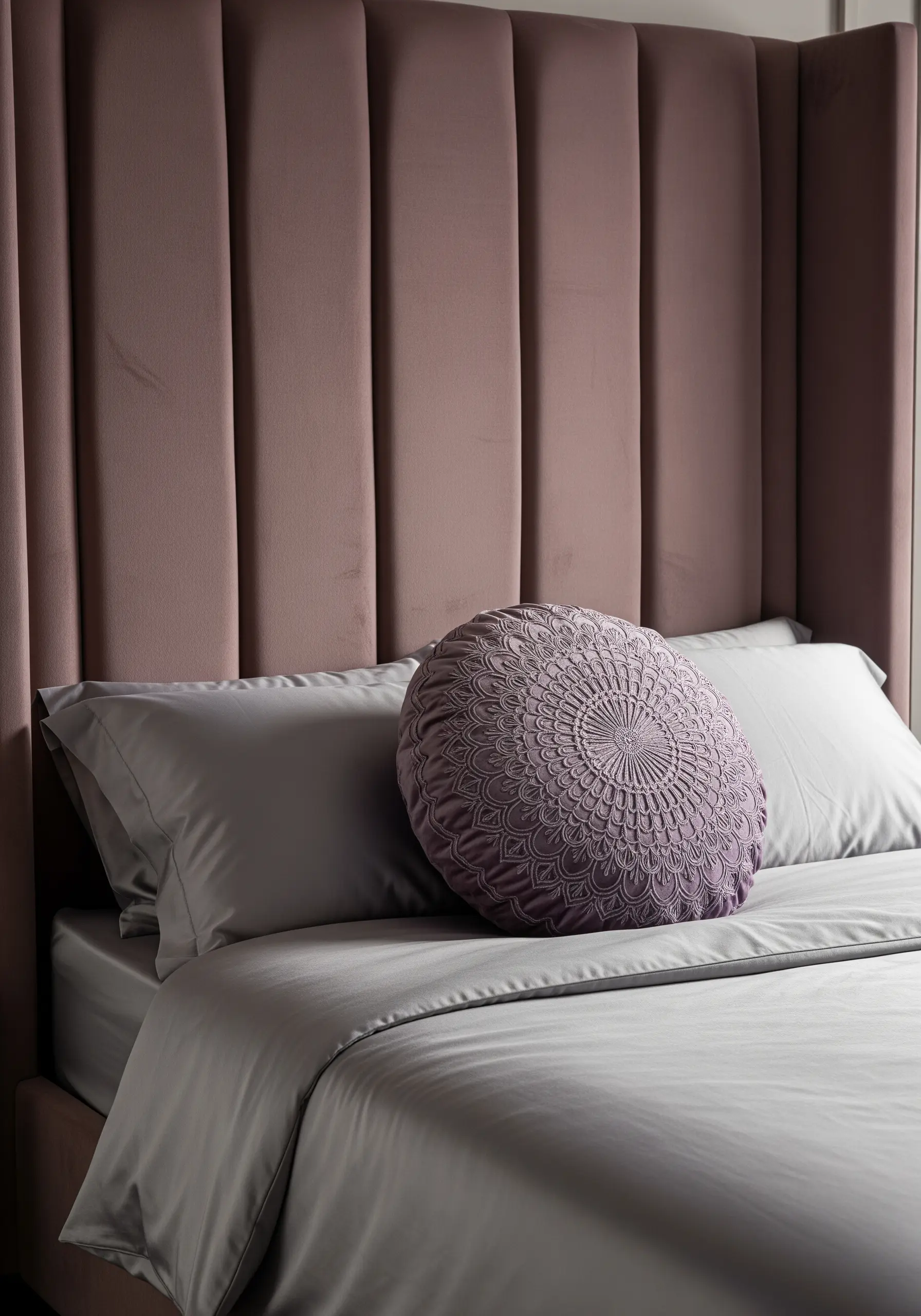 A tonal purple mandala embroidered on a round mauve velvet cushion.