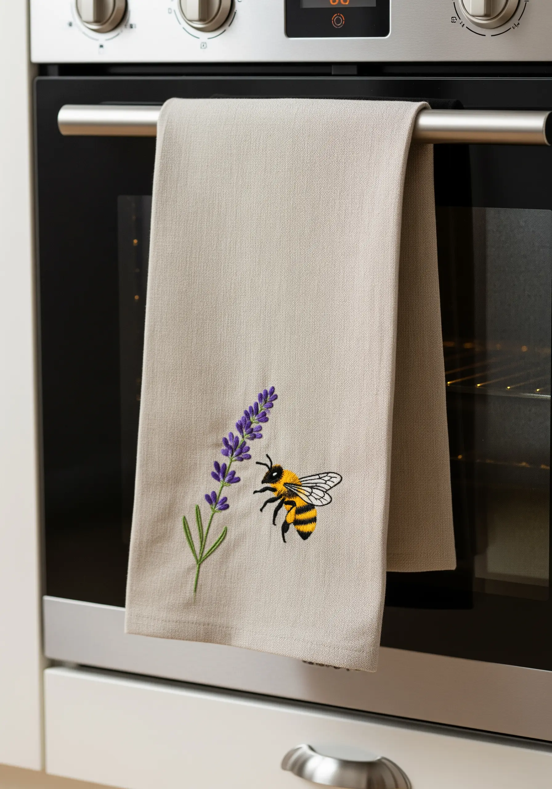 A linen kitchen towel with a small embroidered bee and lavender sprig.
