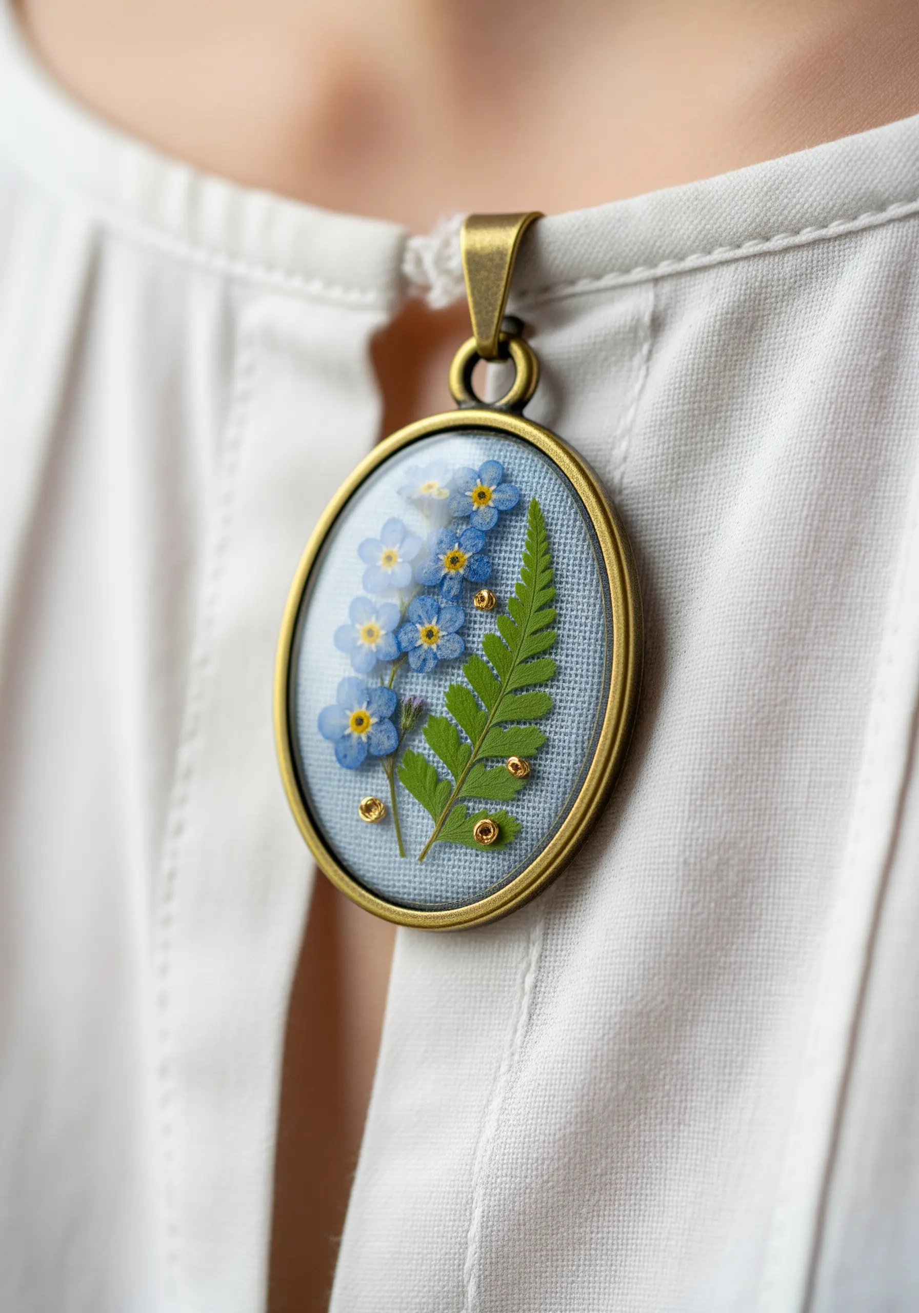 Oval pendant with pressed forget-me-nots, a fern leaf, and tiny gold seed beads.