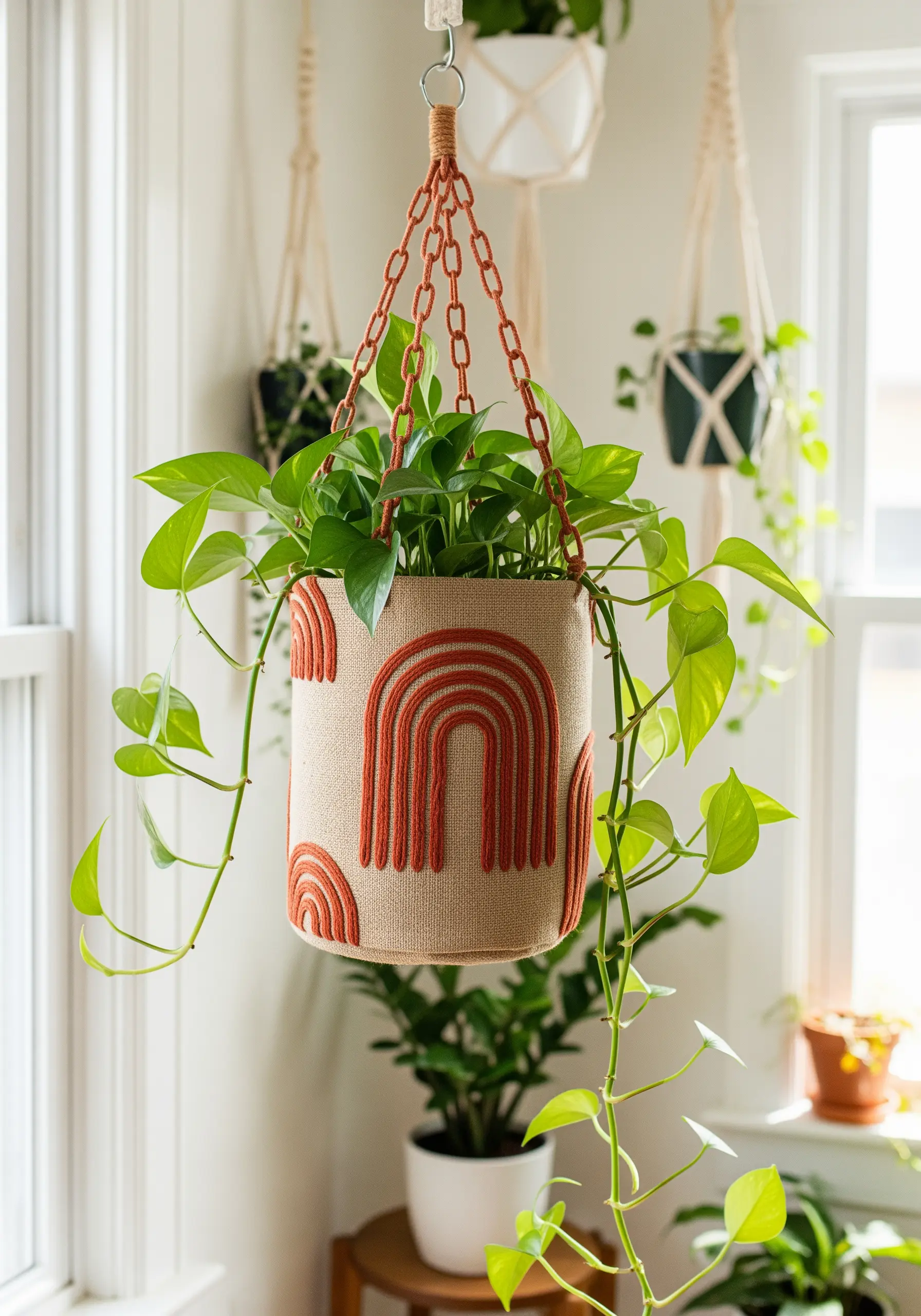 A hanging plant holder made of canvas, decorated with chunky yarn rainbow arches