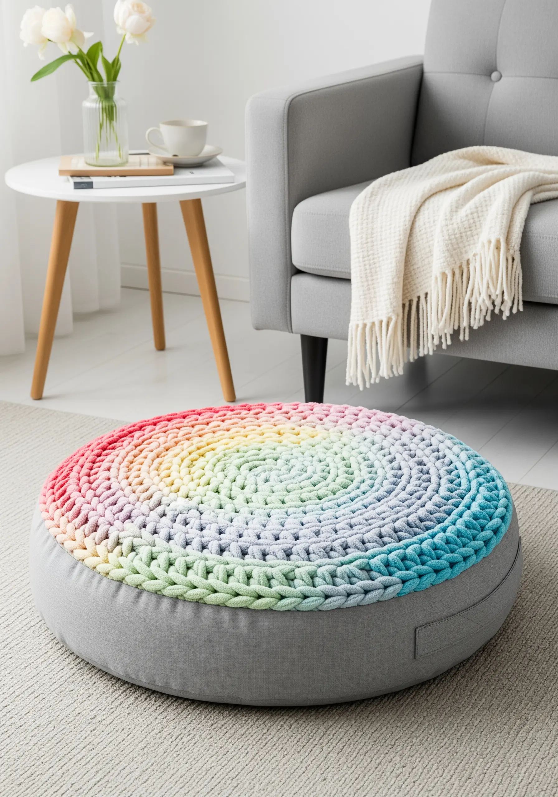 A round floor cushion with a rainbow gradient of thick, coiled yarn.