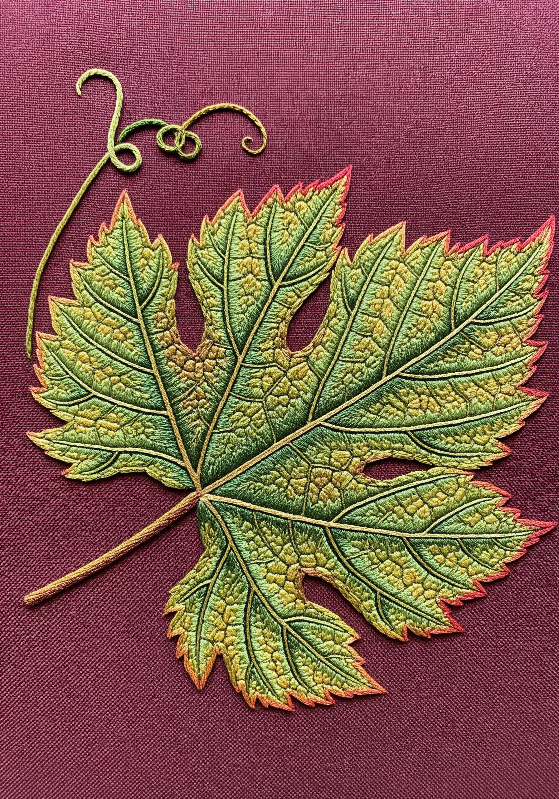 A hyper-realistic grape leaf with speckled texture and a bright red-orange outline.