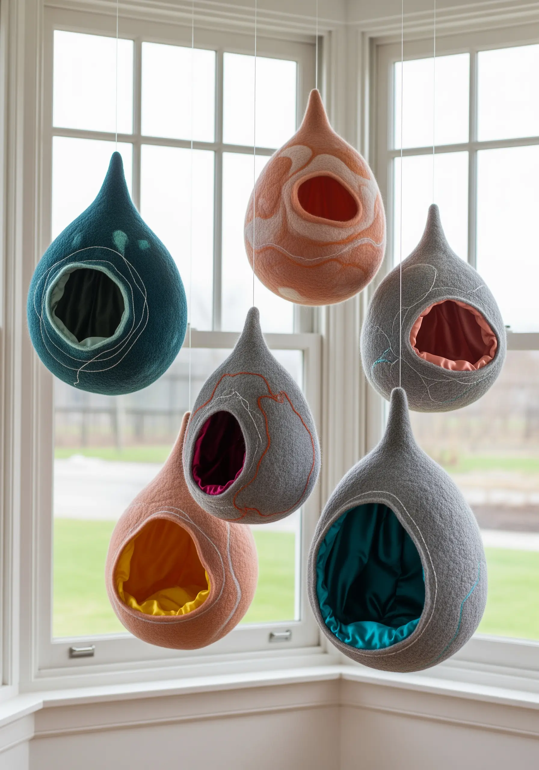 Hanging felted pods in muted colors, each decorated with a few simple, abstract lines of embroidery.