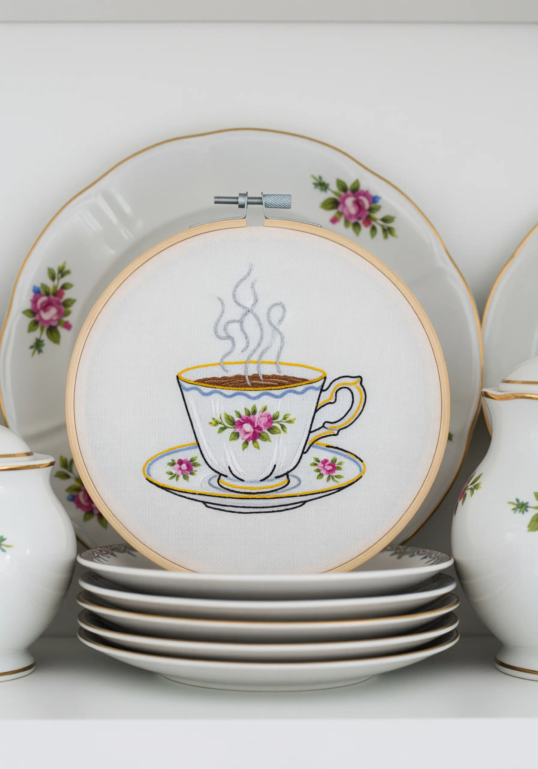 Embroidery of a floral teacup in a hoop, displayed among real china.
