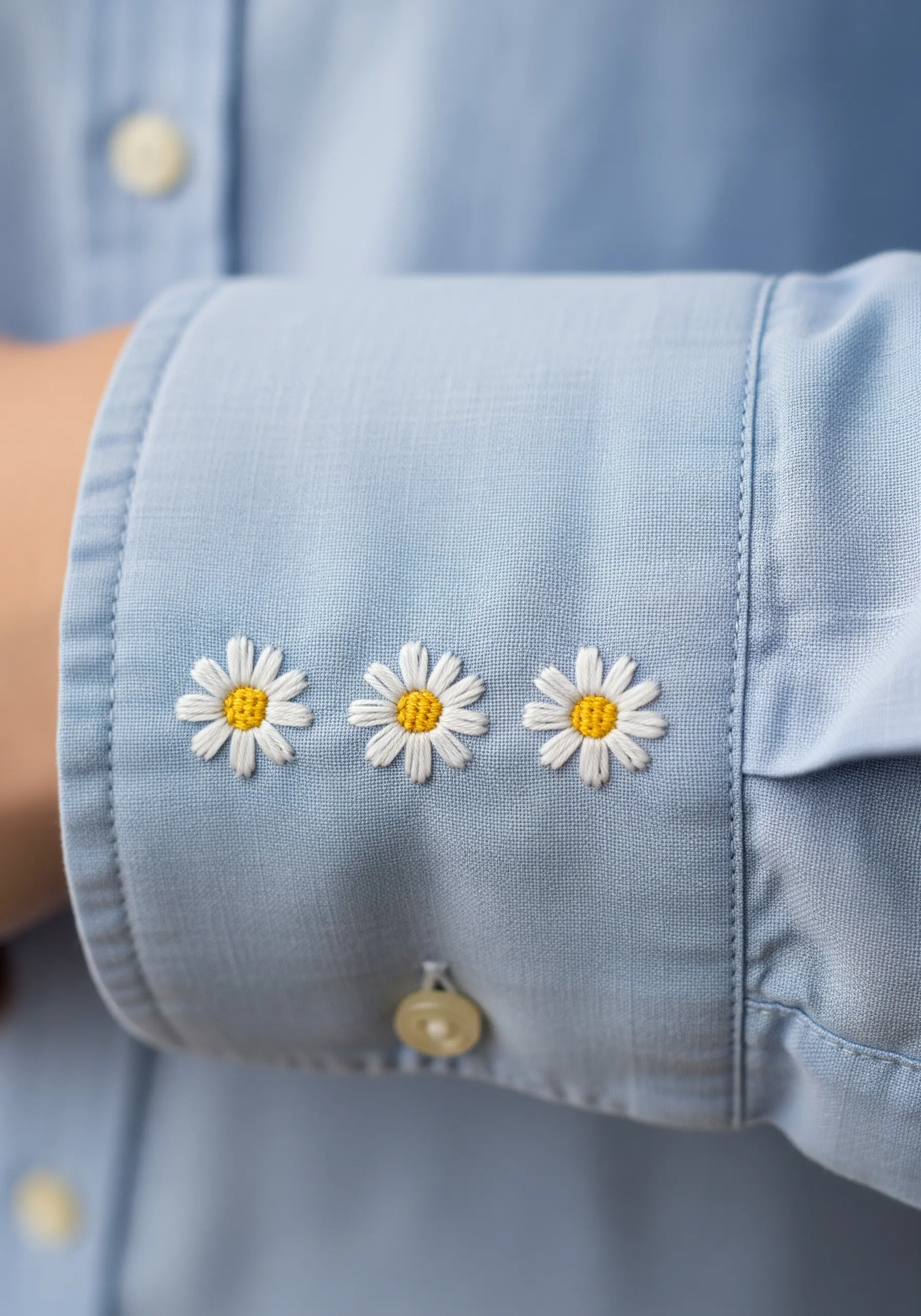Three small white daisies with yellow centers embroidered on a light blue shirt cuff.