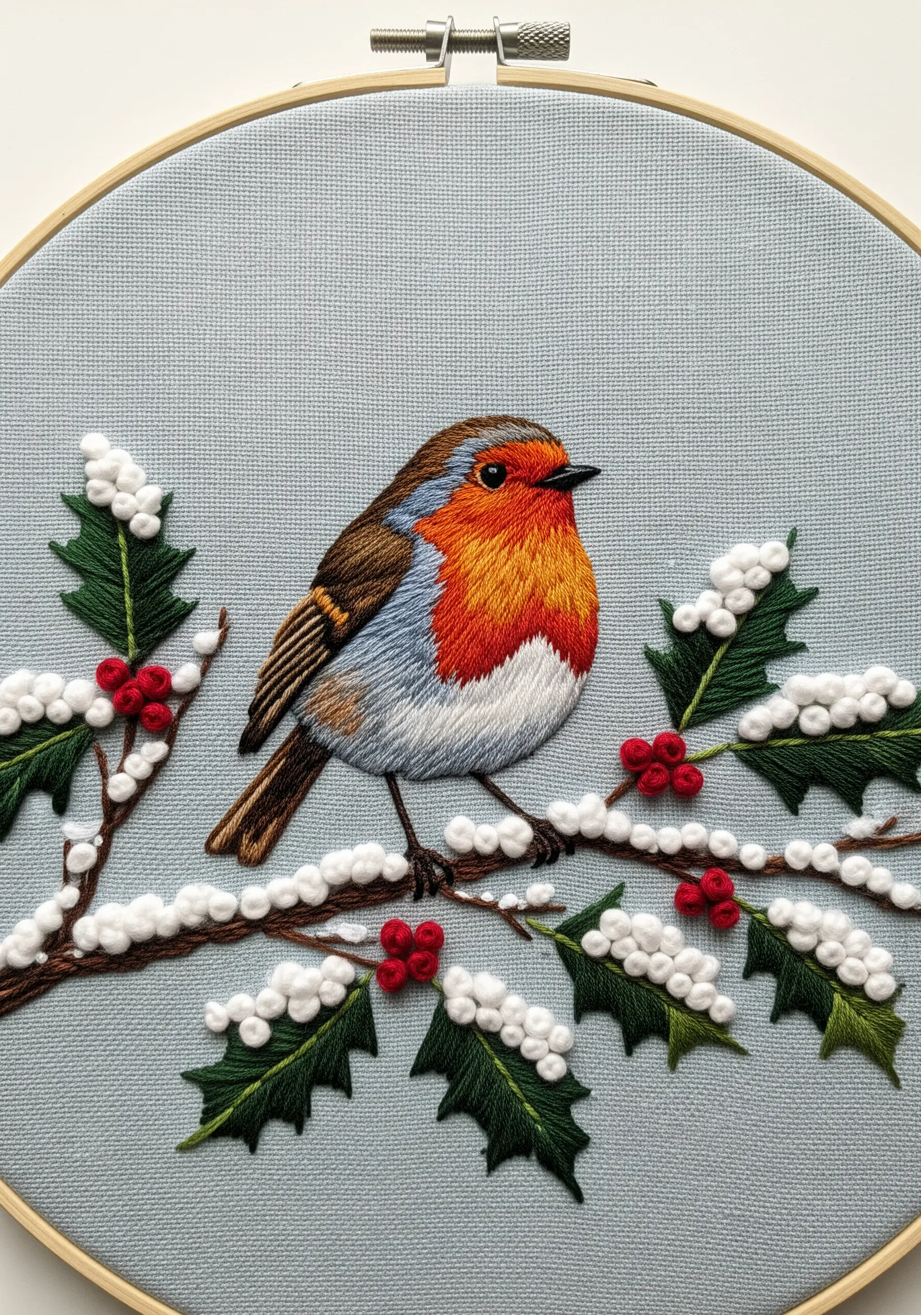 An embroidered robin on a snowy holly branch with 3D French knot snow.