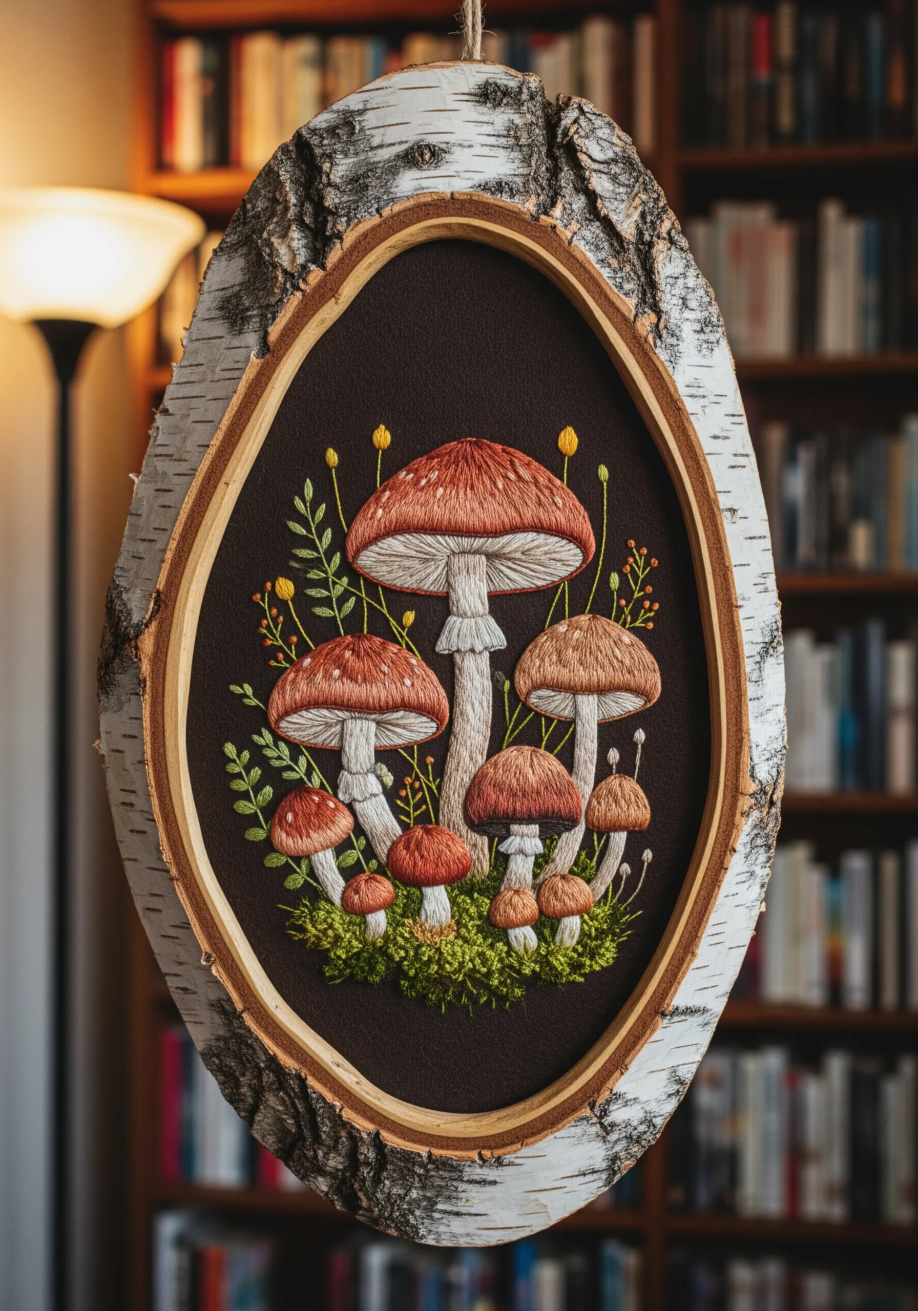 Embroidered mushrooms with blended colors and French knot moss, framed in a birch wood slice.