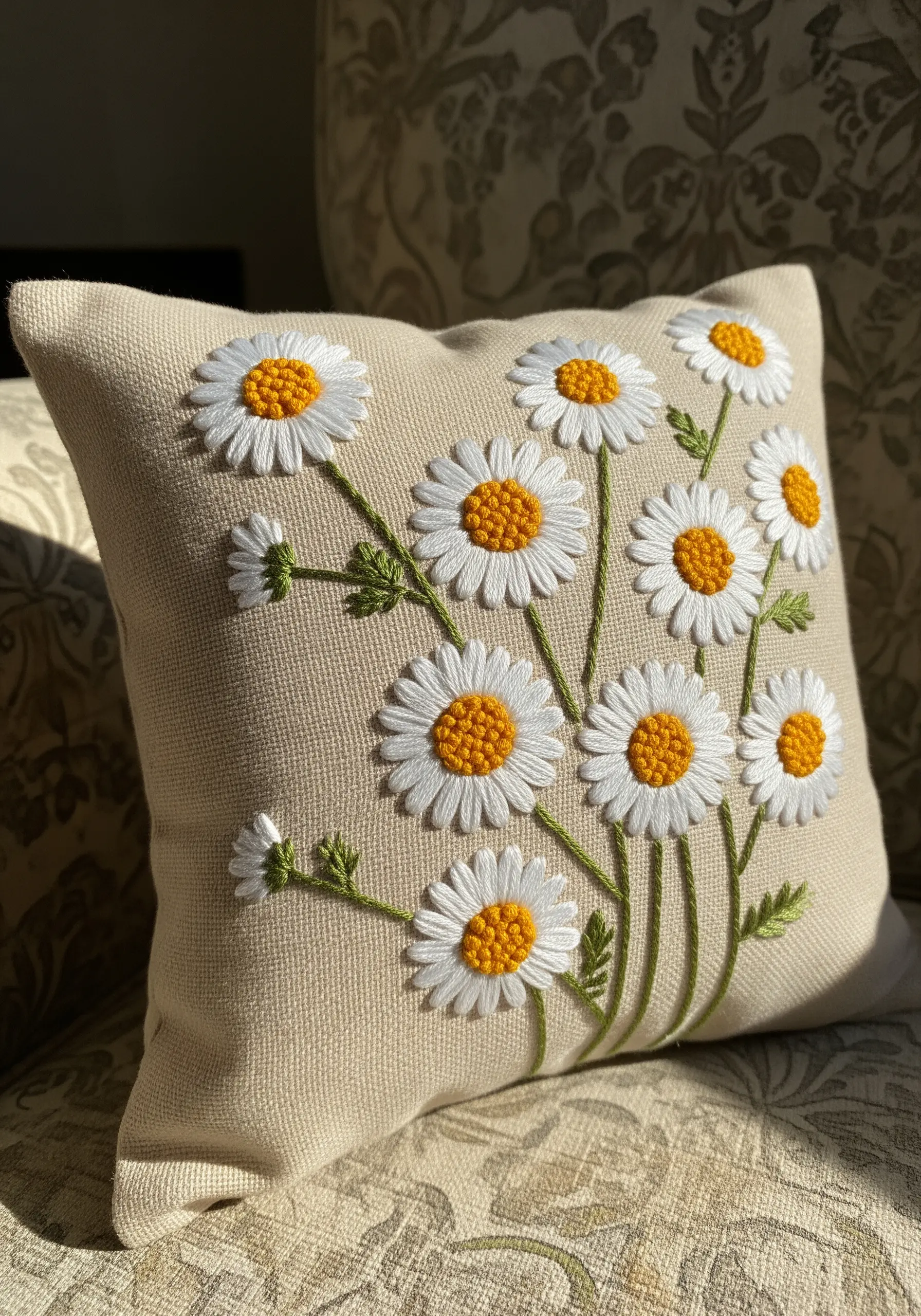 Embroidered white daisies with yellow centers on a beige throw pillow.