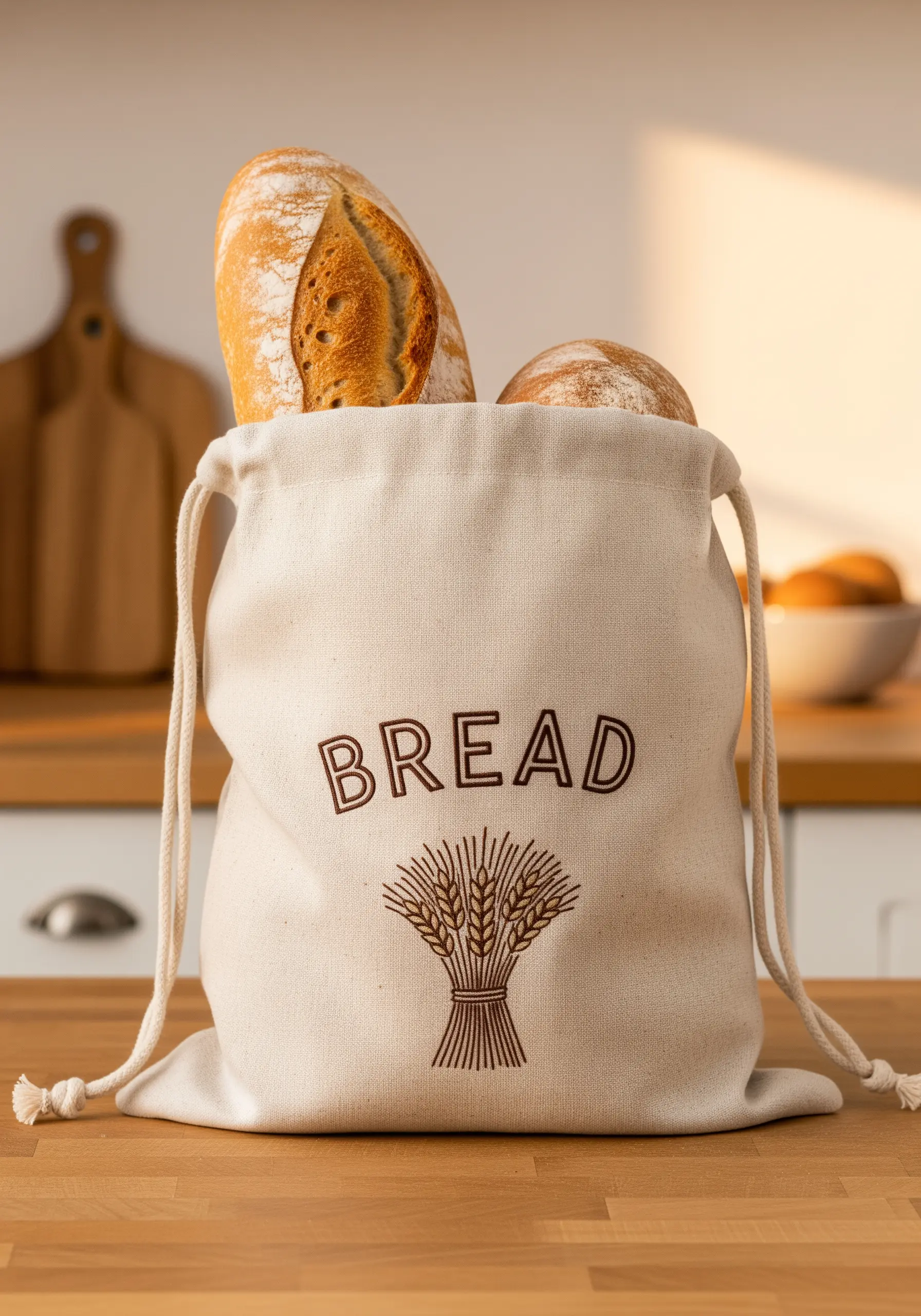 A natural canvas drawstring bag with the word BREAD and a wheat sheaf embroidered in brown