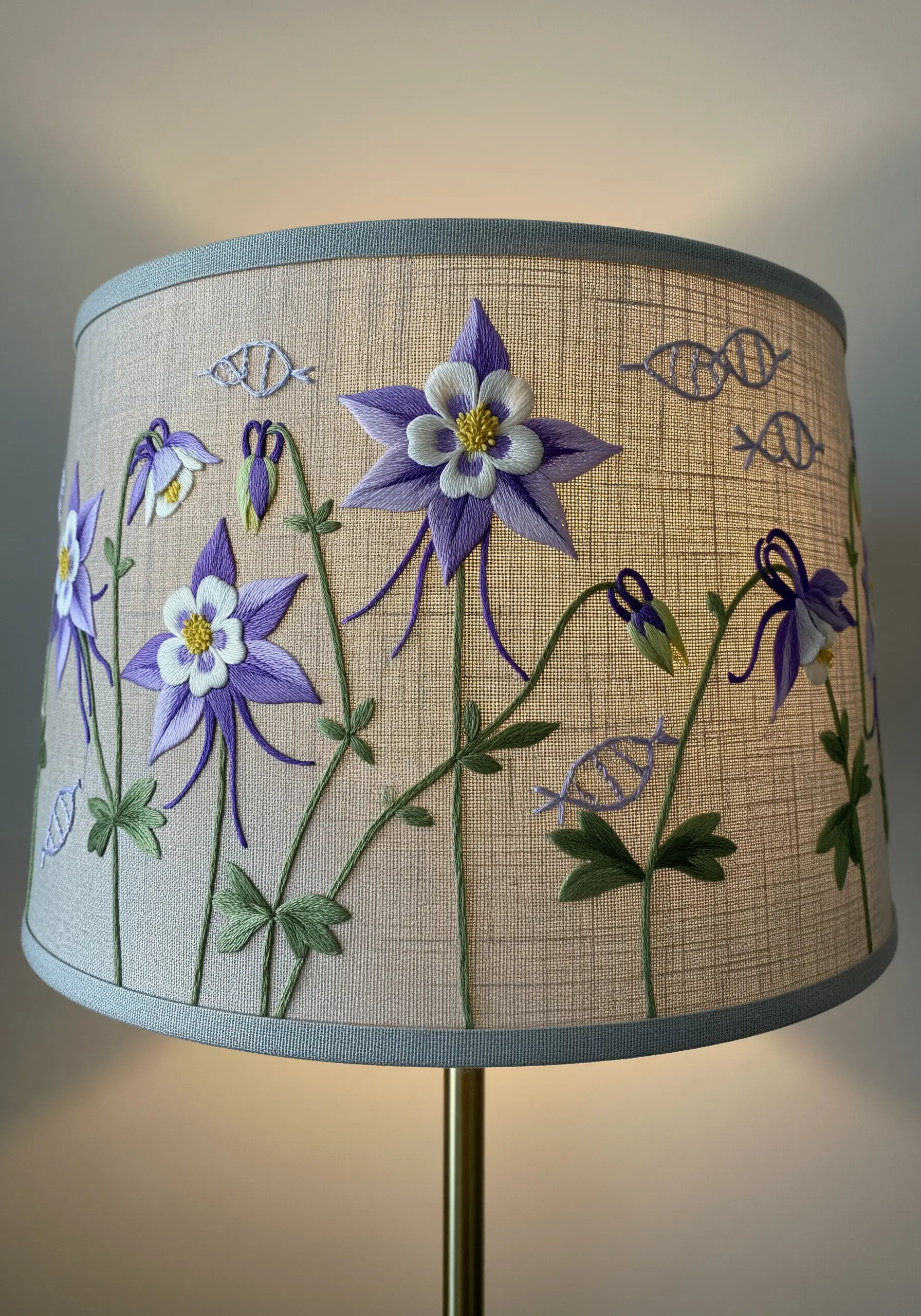 Embroidered lampshade with 3D stumpwork columbine flowers in purple and white