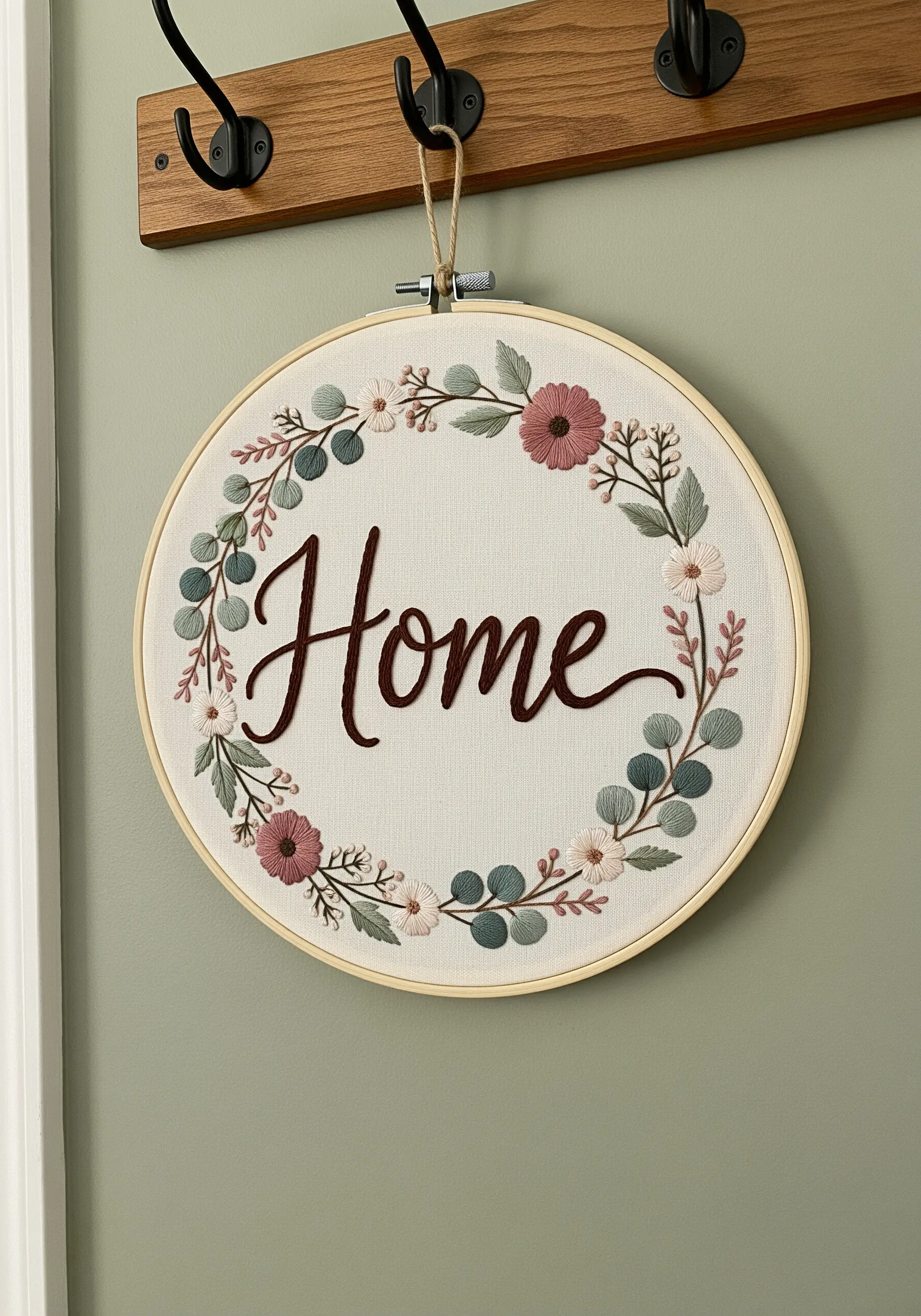 An embroidery hoop with the word 'Home' in raised satin stitch, surrounded by a floral wreath.