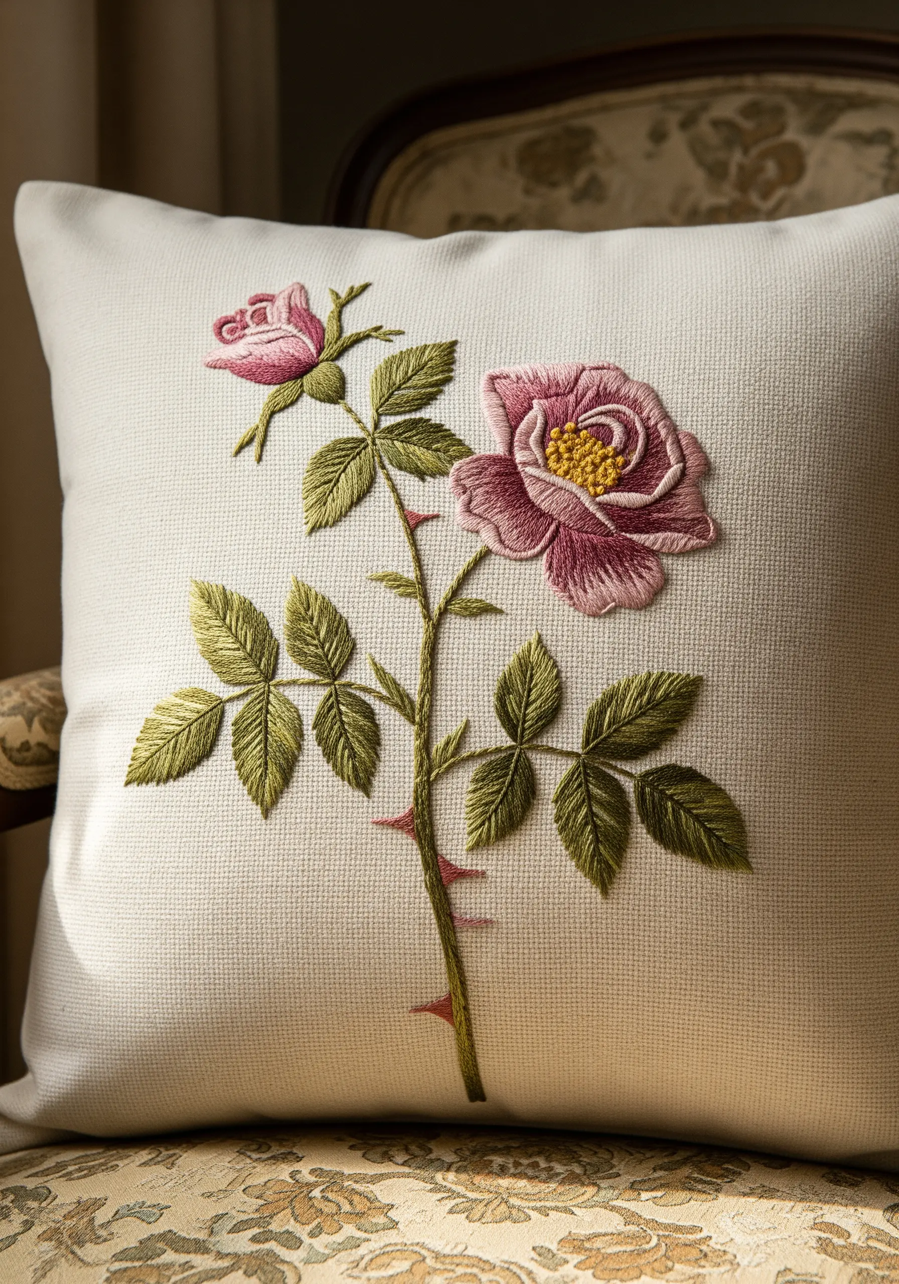 A dimensional pink rose embroidered on a cream pillow with detailed, layered petals.