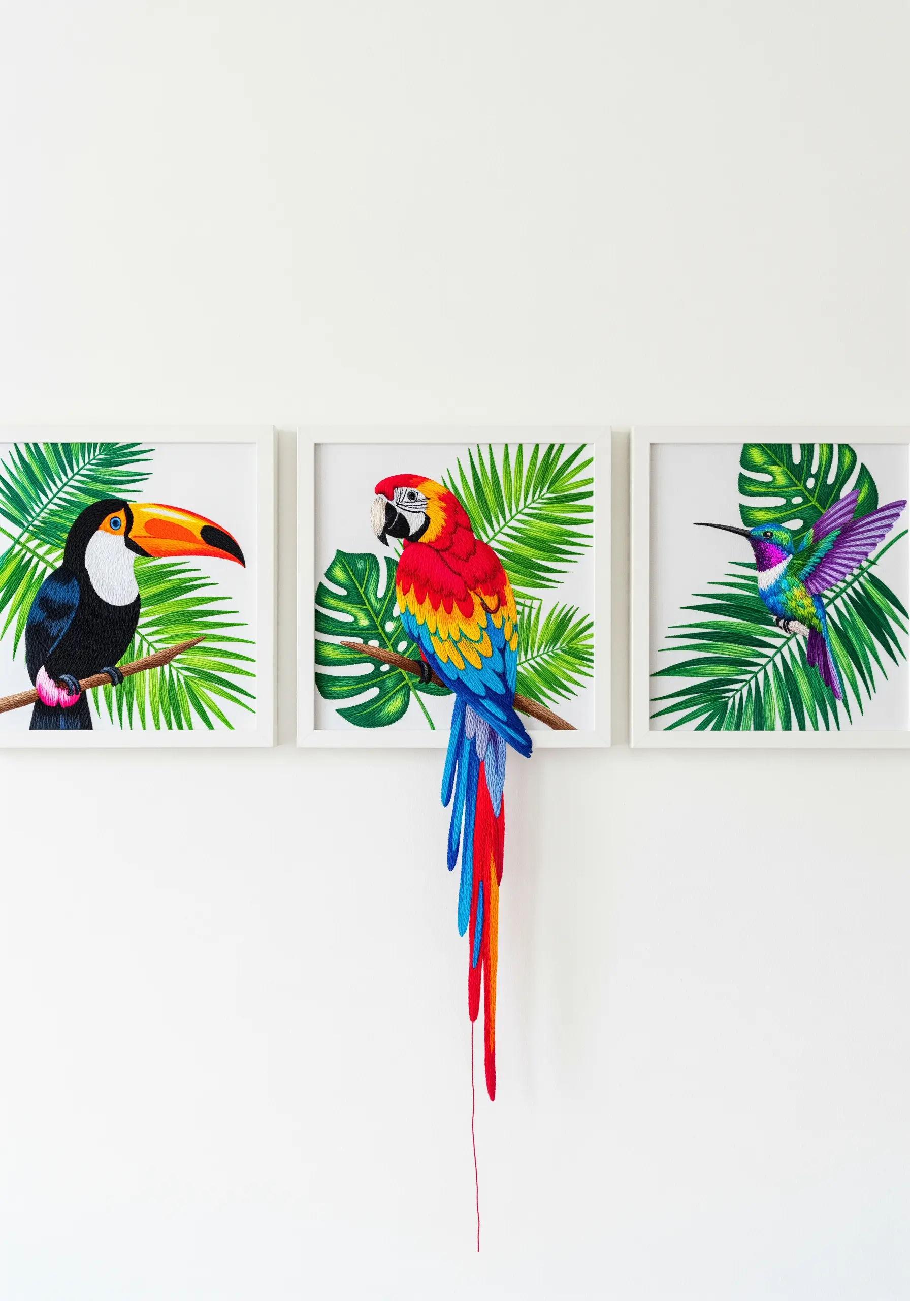A trio of framed embroideries of tropical birds; the macaw has a long, 3D tail.