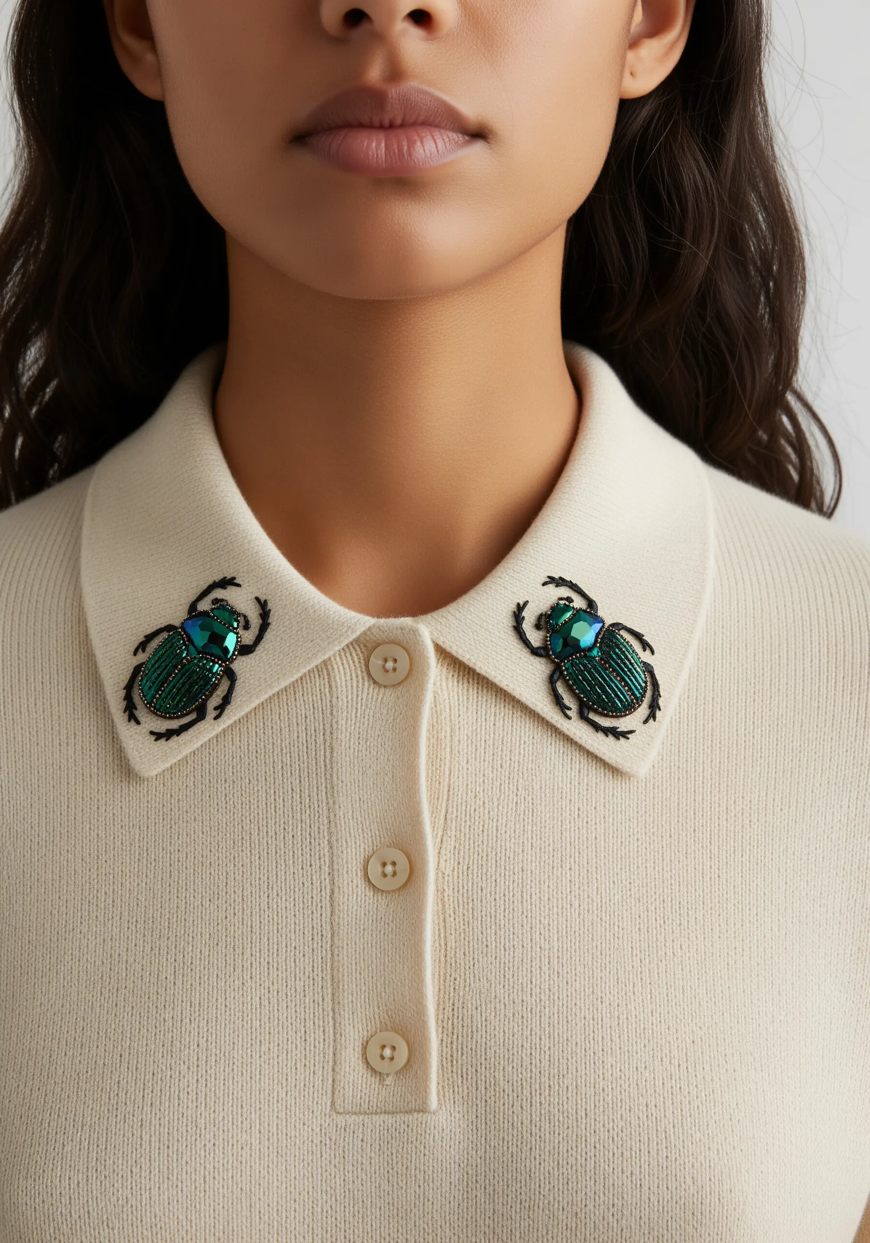 Two intricately beaded green scarab beetles symmetrically placed on the collar of a cream polo shirt.