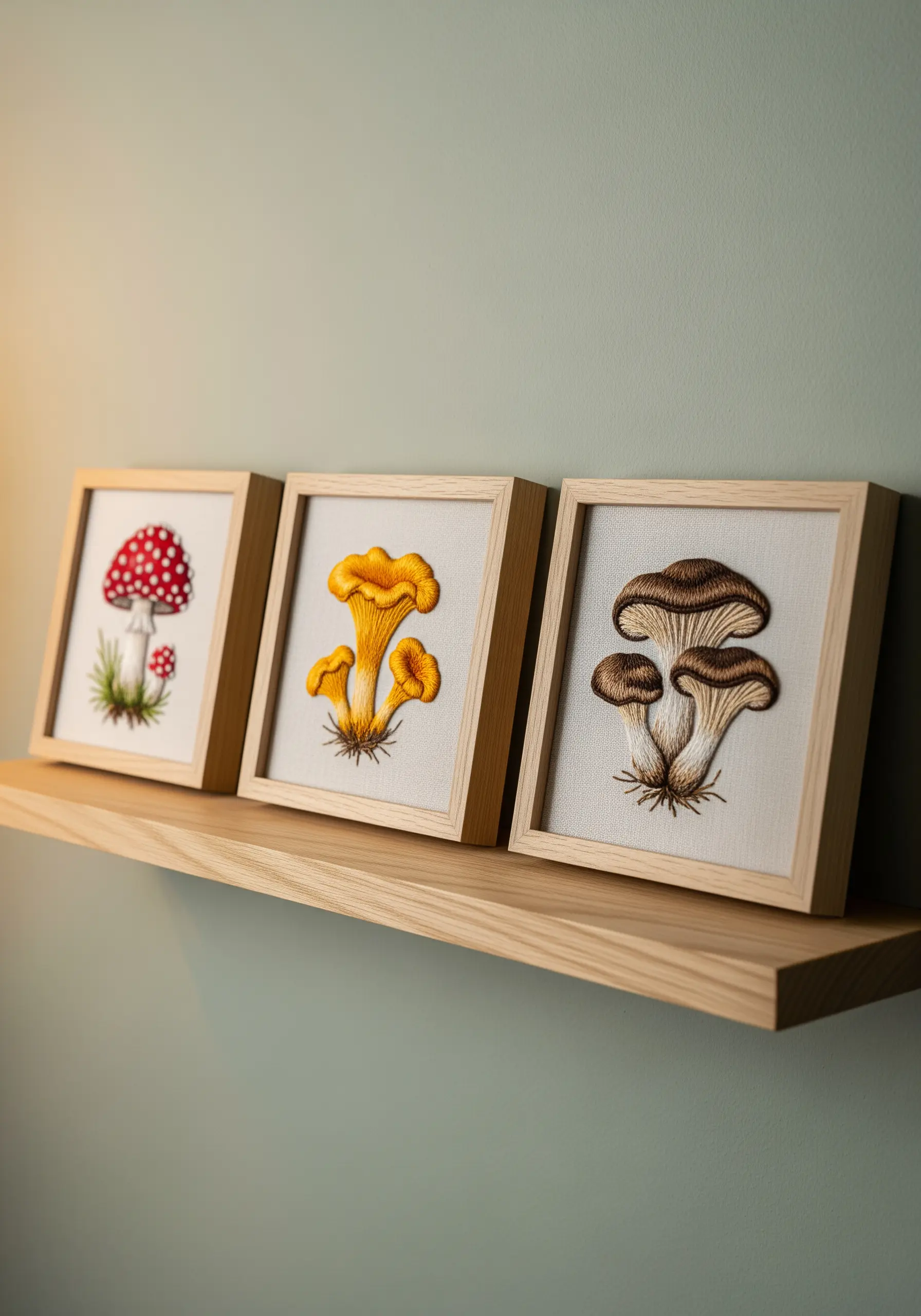 Three framed embroidery pieces, each featuring a different type of mushroom.
