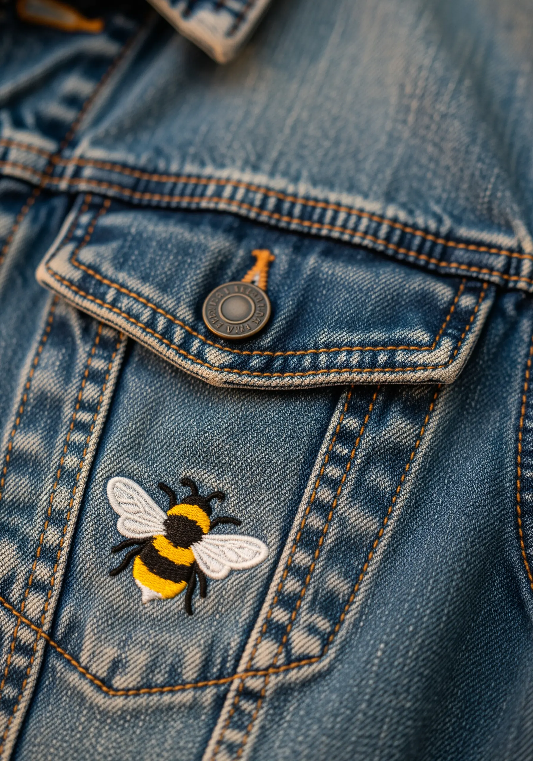 Detailed bee embroidery with padded satin stitch on a denim jacket pocket.
