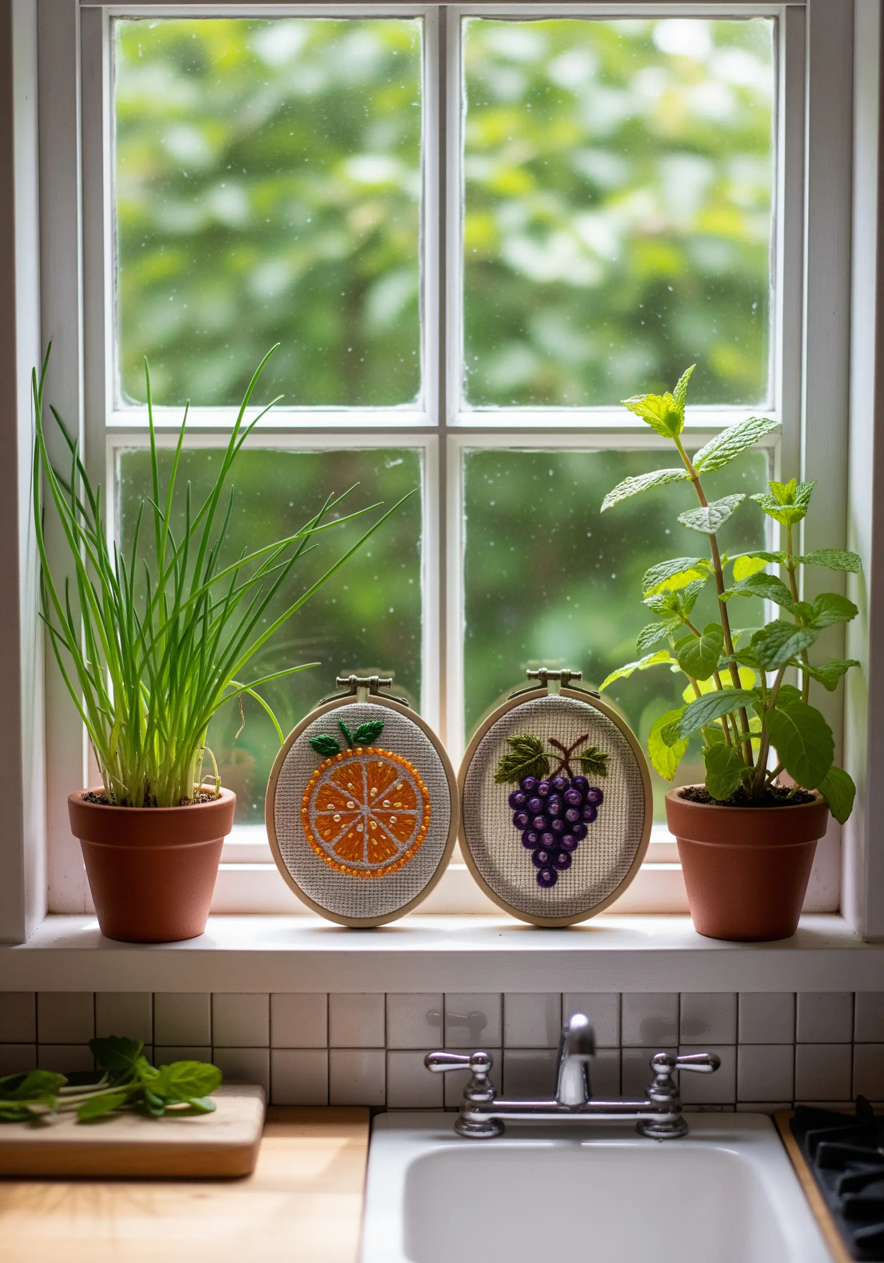 Two embroidery hoops on a windowsill, one with an orange slice and one with a bunch of grapes.