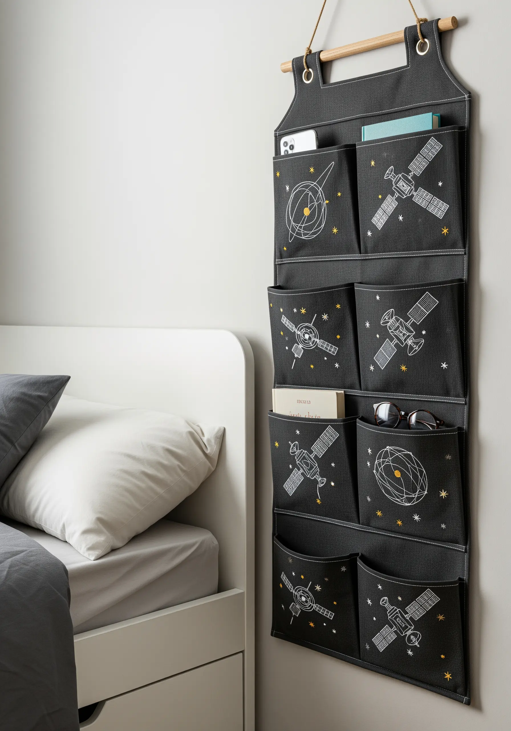 A grey canvas hanging wall organizer with pockets embroidered with simple satellite and orbit motifs.