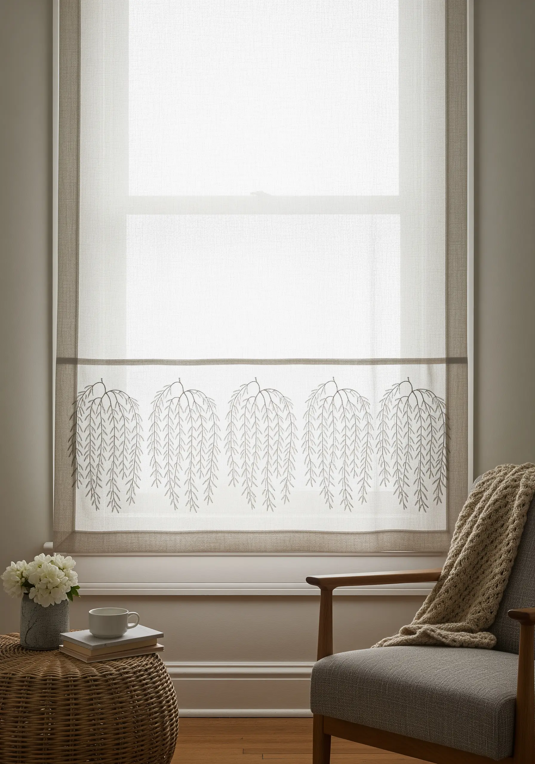 Weeping willow motifs embroidered in a single color on a sheer window blind.
