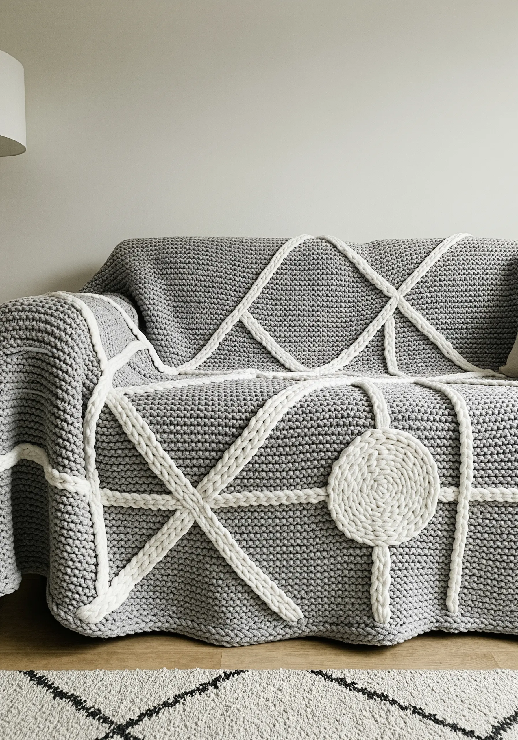 Grey knit sofa cover with thick white yarn couched in geometric lines.