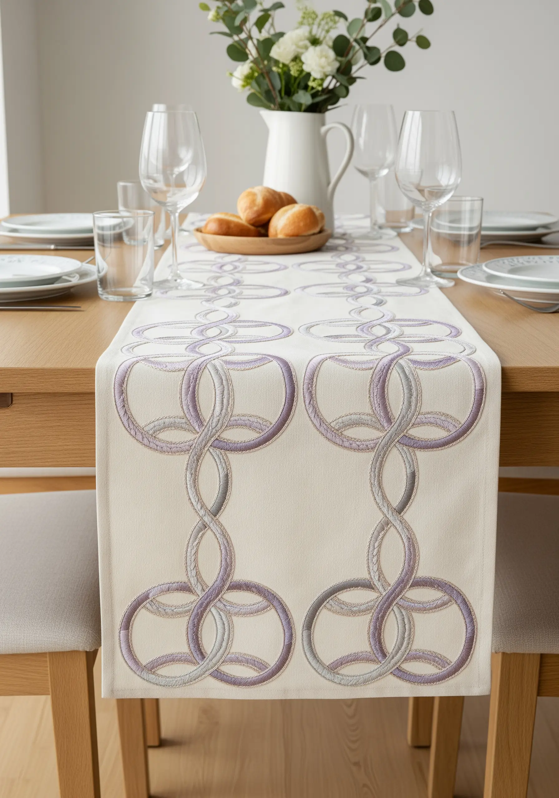 A table runner with an embroidered Celtic knot in a lavender-to-white gradient.