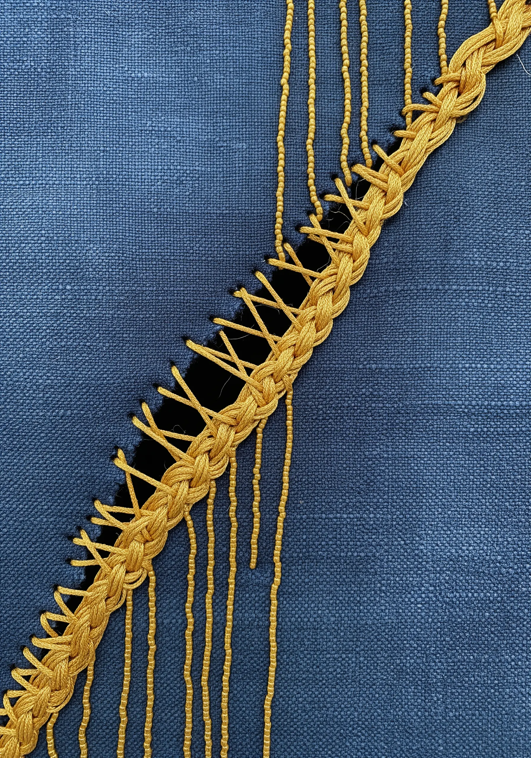 A close-up of a yellow braid stitched onto blue fabric, with a matching yellow fringe hanging down.