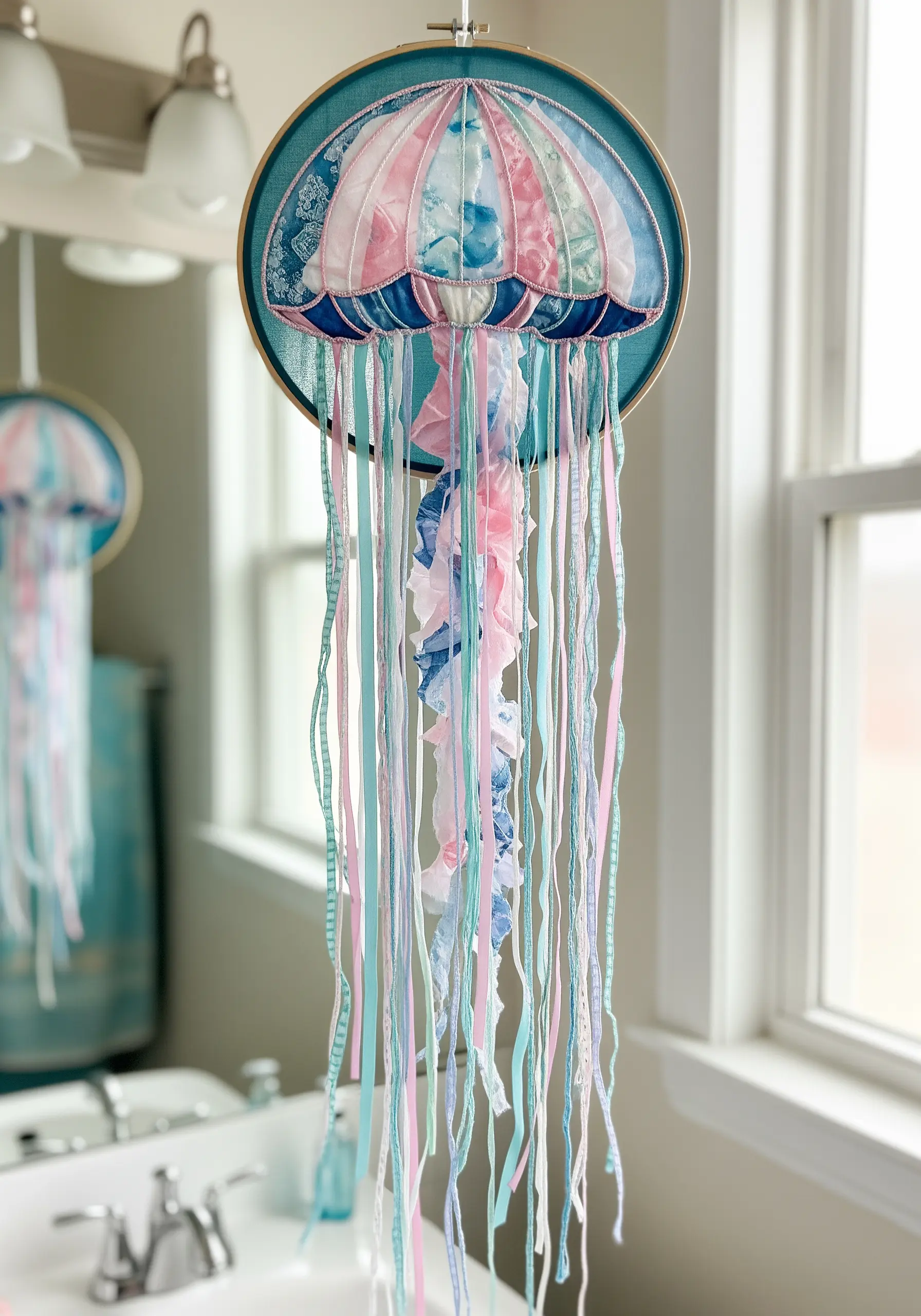 Jellyfish embroidery with a fabric collage body and long, trailing pastel ribbons as tentacles.