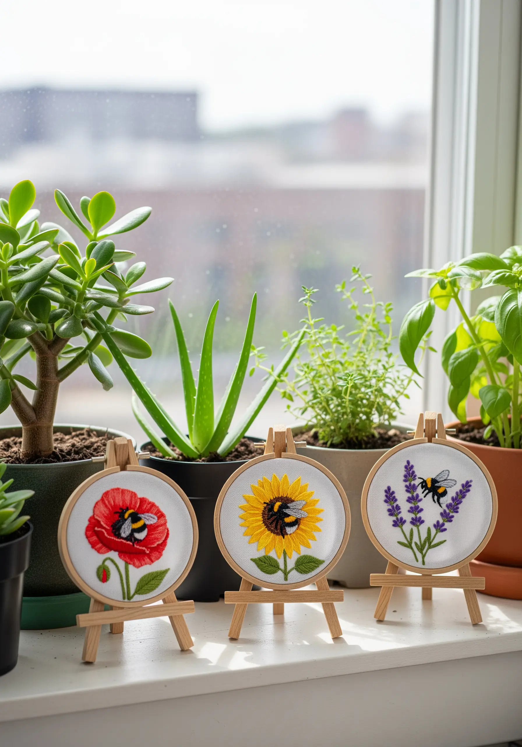Three small embroidery hoops on mini easels, each showing a flower with a bee on it.