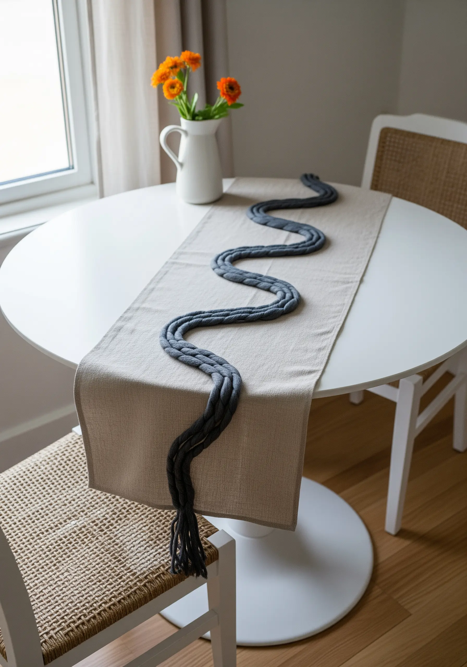 A neutral linen table runner featuring a thick, braided dark gray yarn couched in a wavy line.