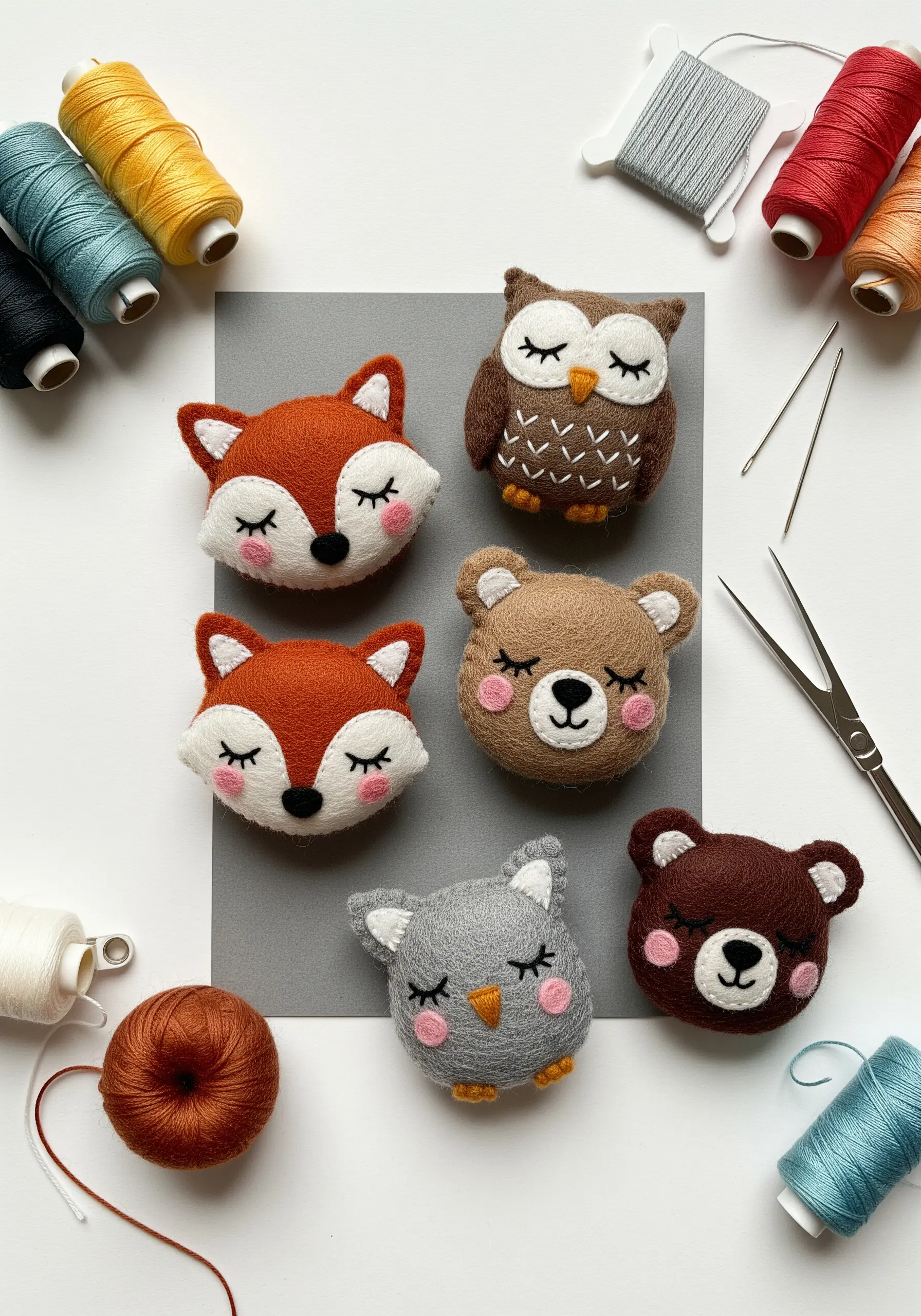 A collection of handmade felt animal brooches including a fox, owl, and bear.