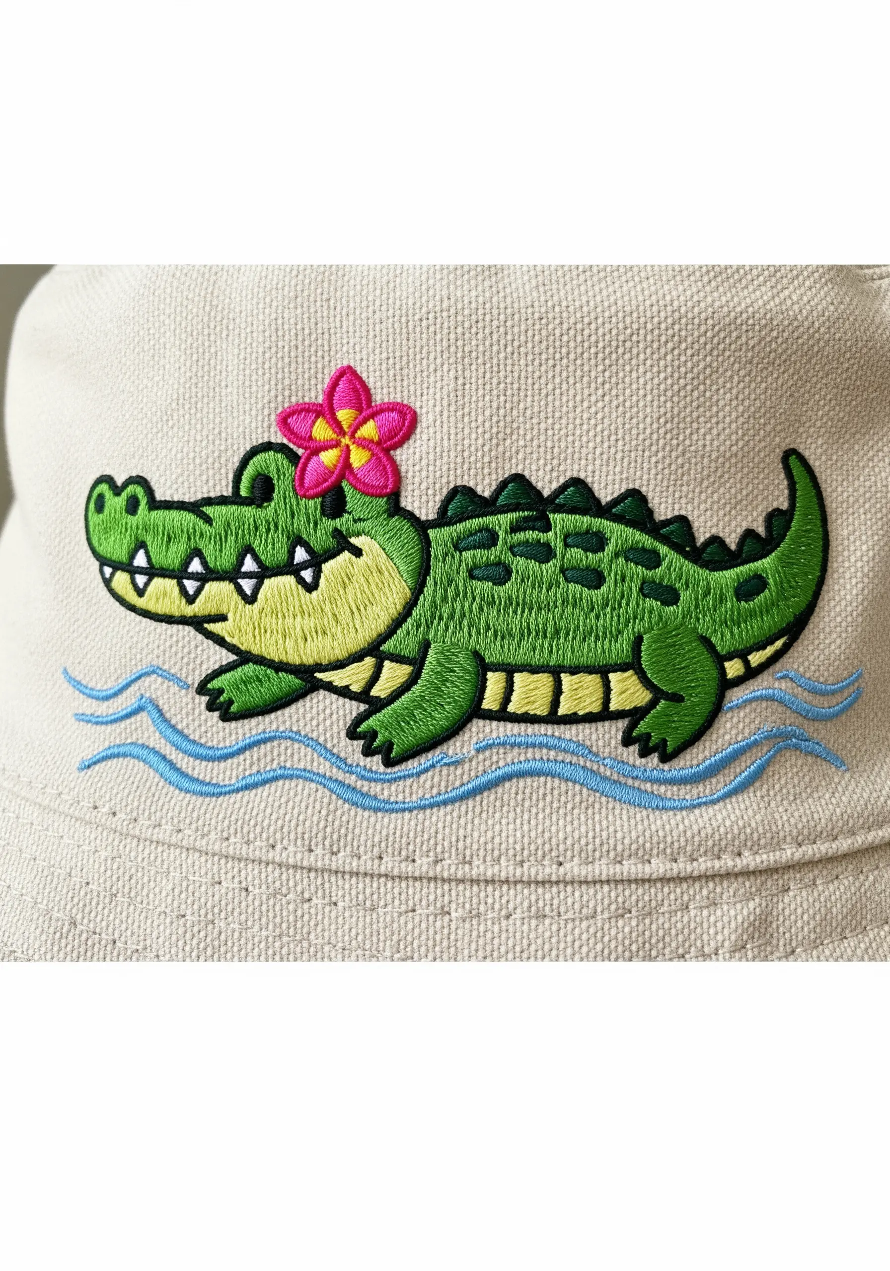 A cute green embroidered crocodile patch with a pink flower on its head.
